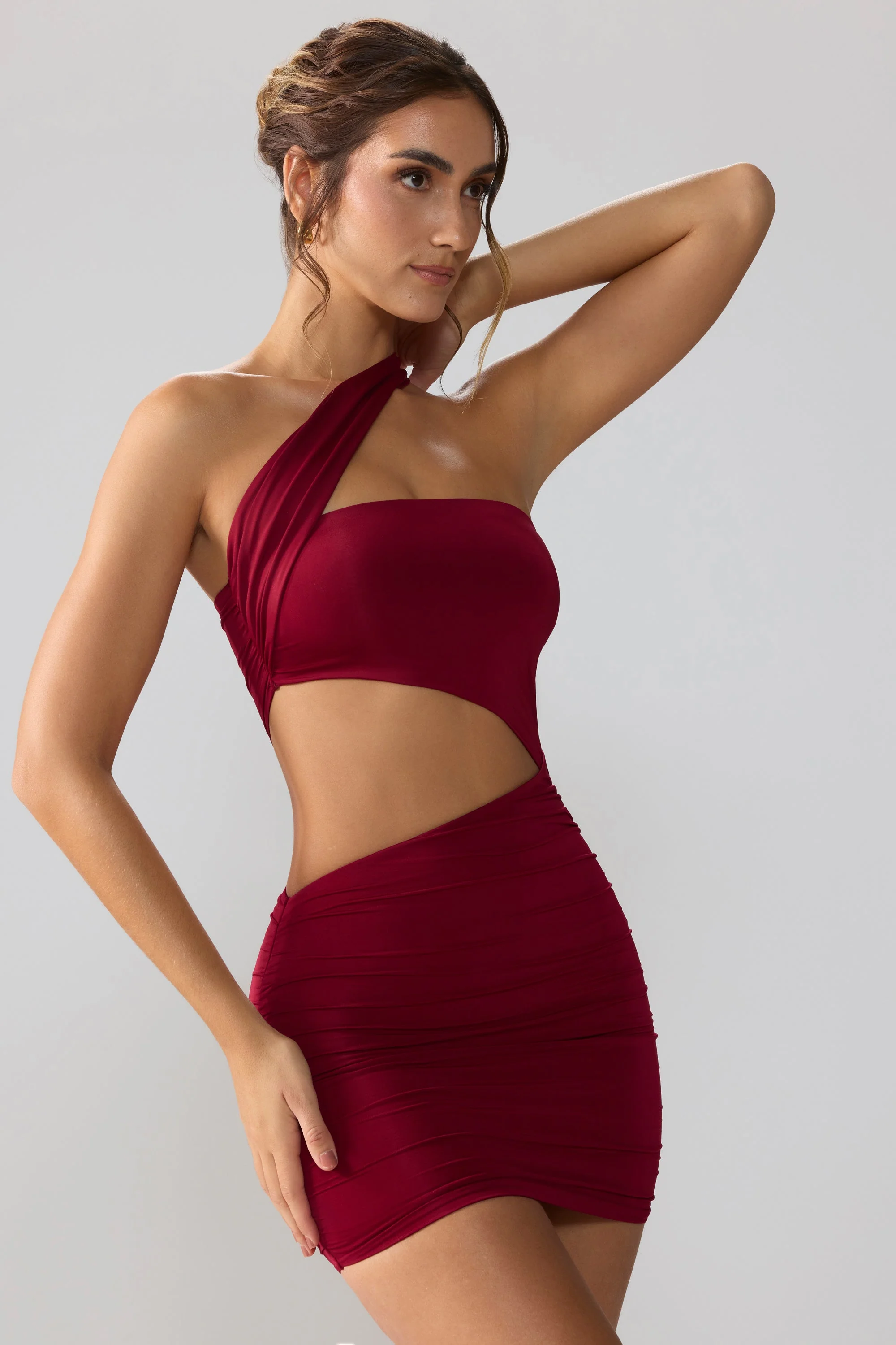 Slinky Jersey Ruched Cut Out Mini Dress in Ruby - Image 7