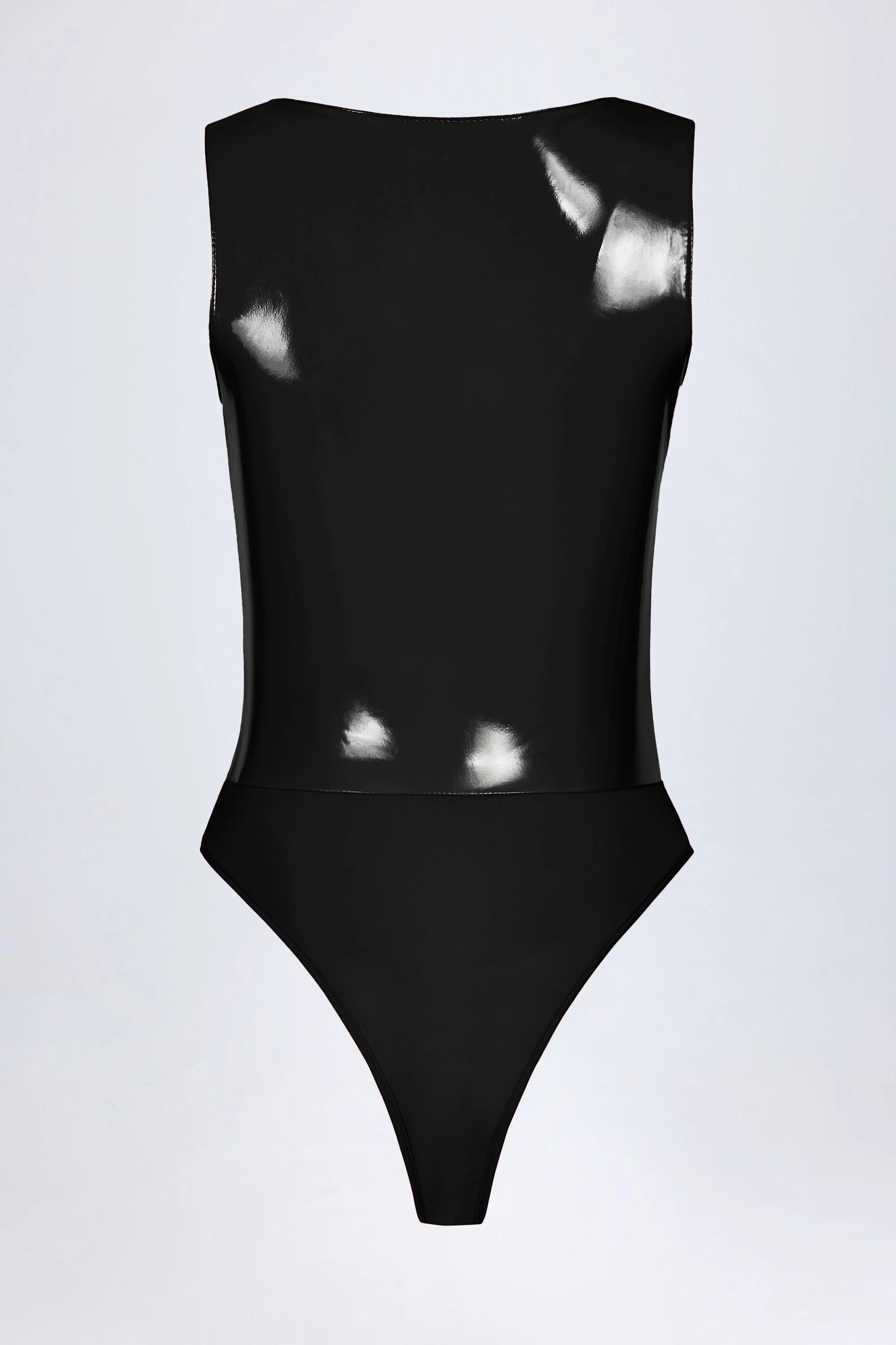 Glossy Vinyl Plunge-Neck Bodysuit in Black - Image 6