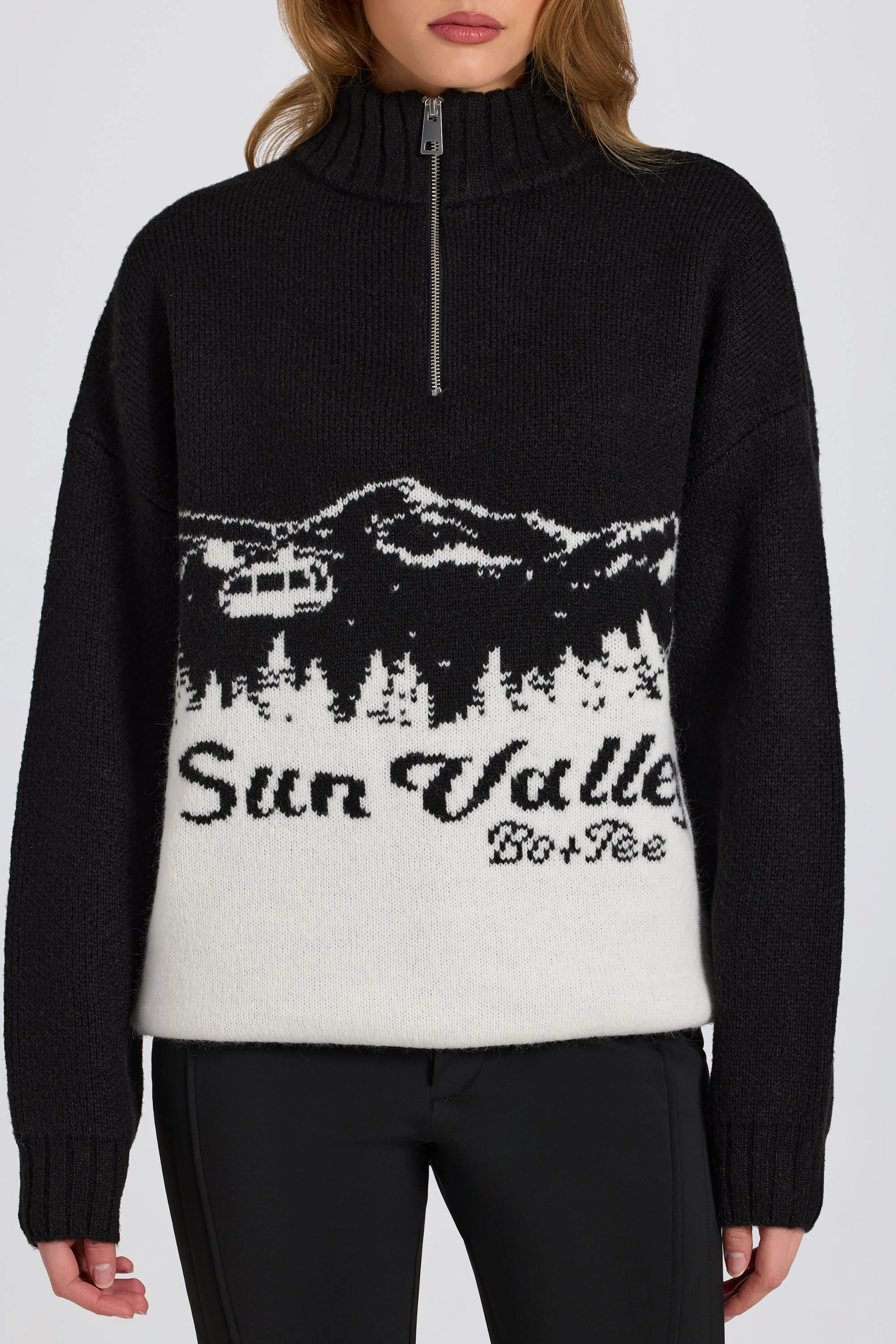 Knit Quarter-Zip Turtleneck Oversized Jumper in Black - Image 2