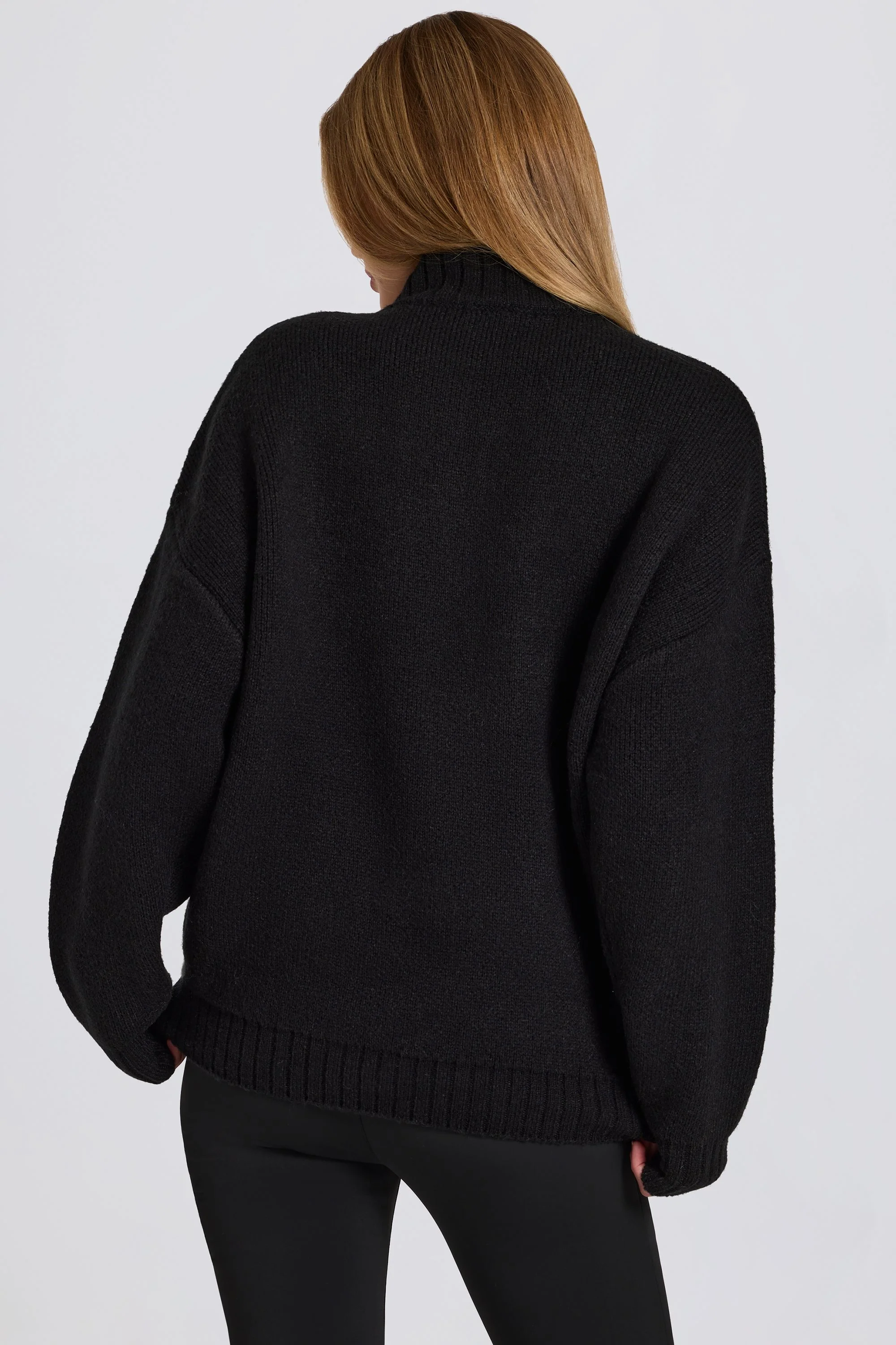 Knit Quarter-Zip Turtleneck Oversized Jumper in Black - Image 3