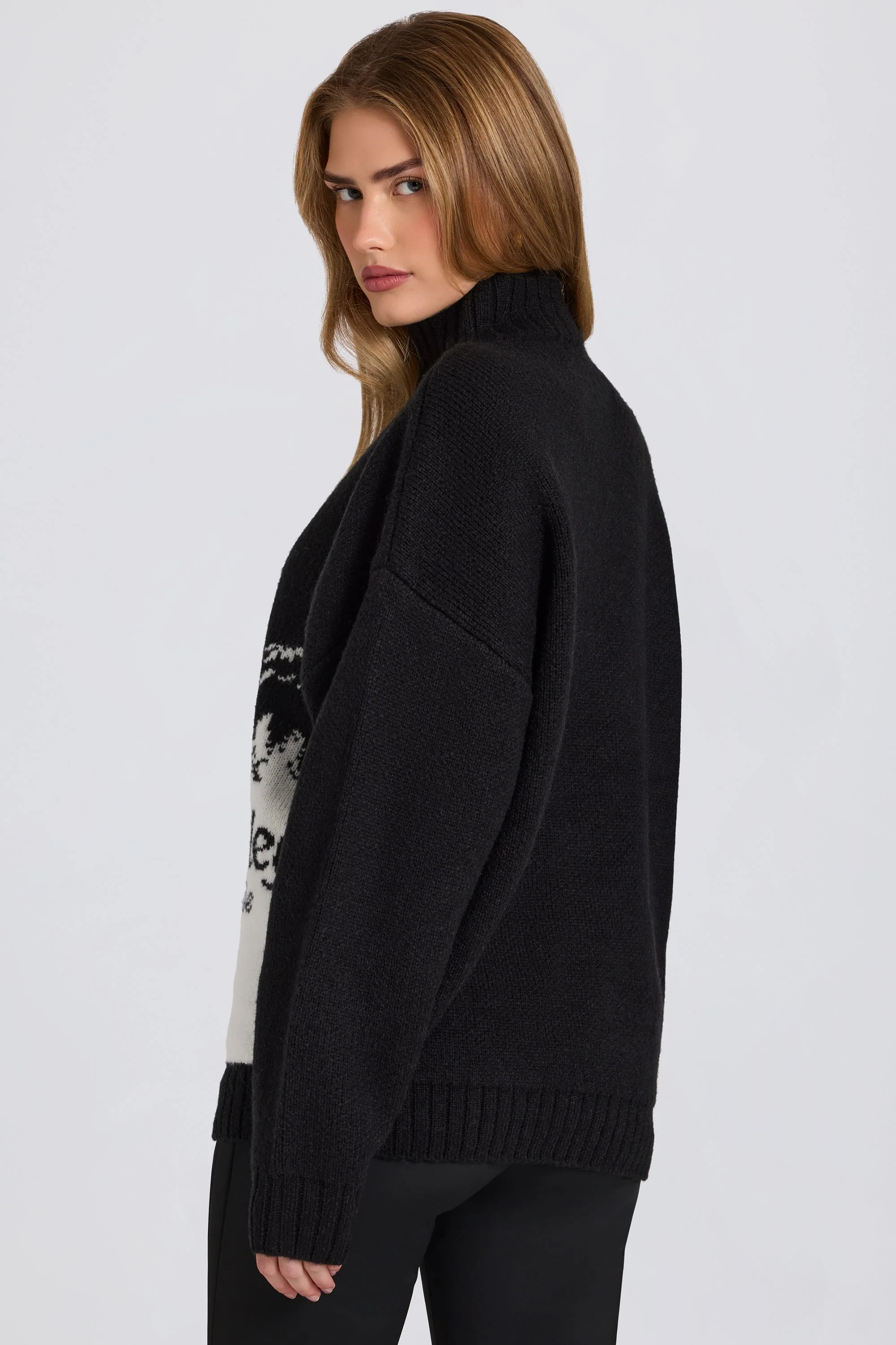 Knit Quarter-Zip Turtleneck Oversized Jumper in Black - Image 4