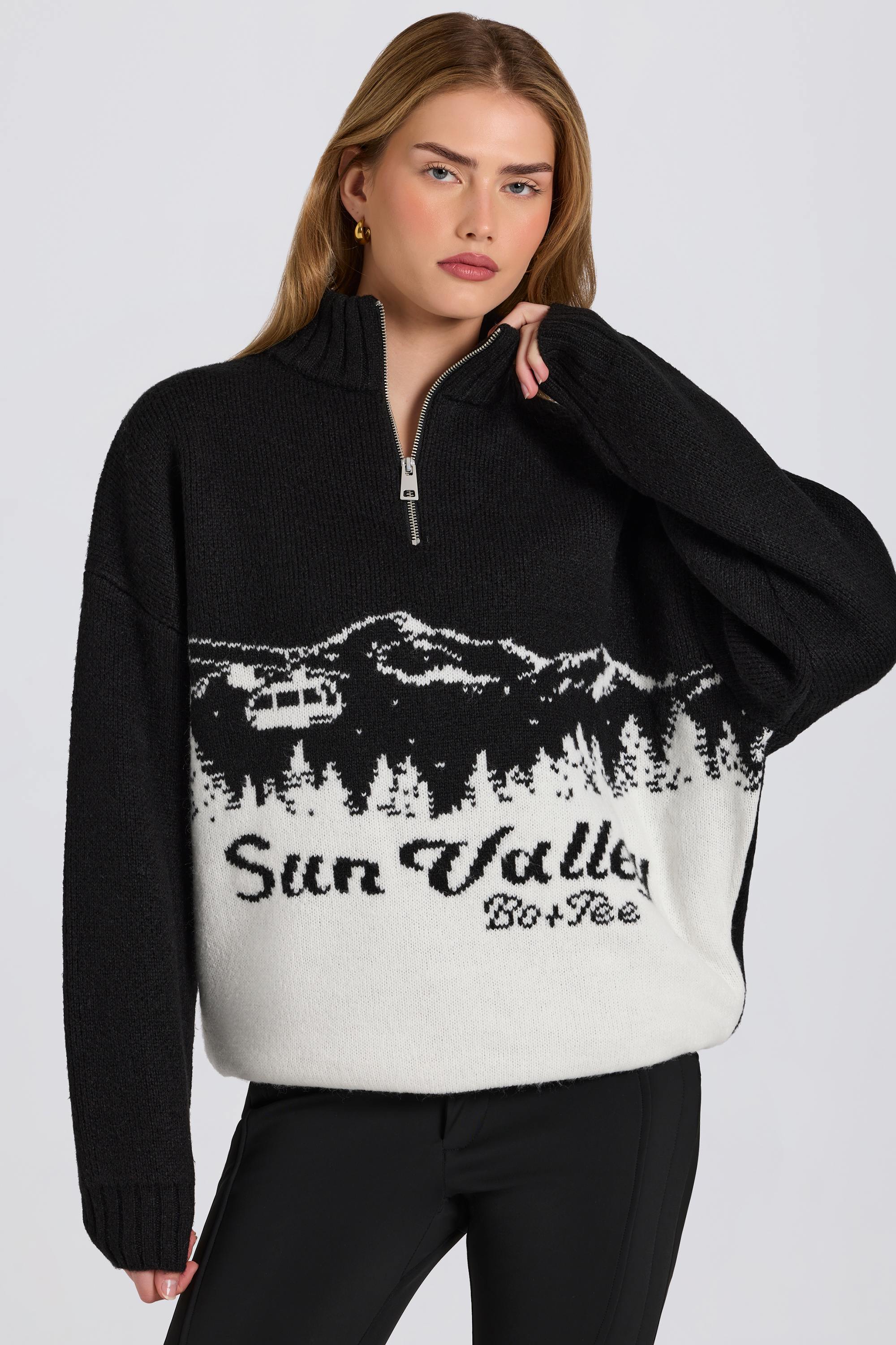 Knit Quarter-Zip Turtleneck Oversized Jumper in Black - Image 5