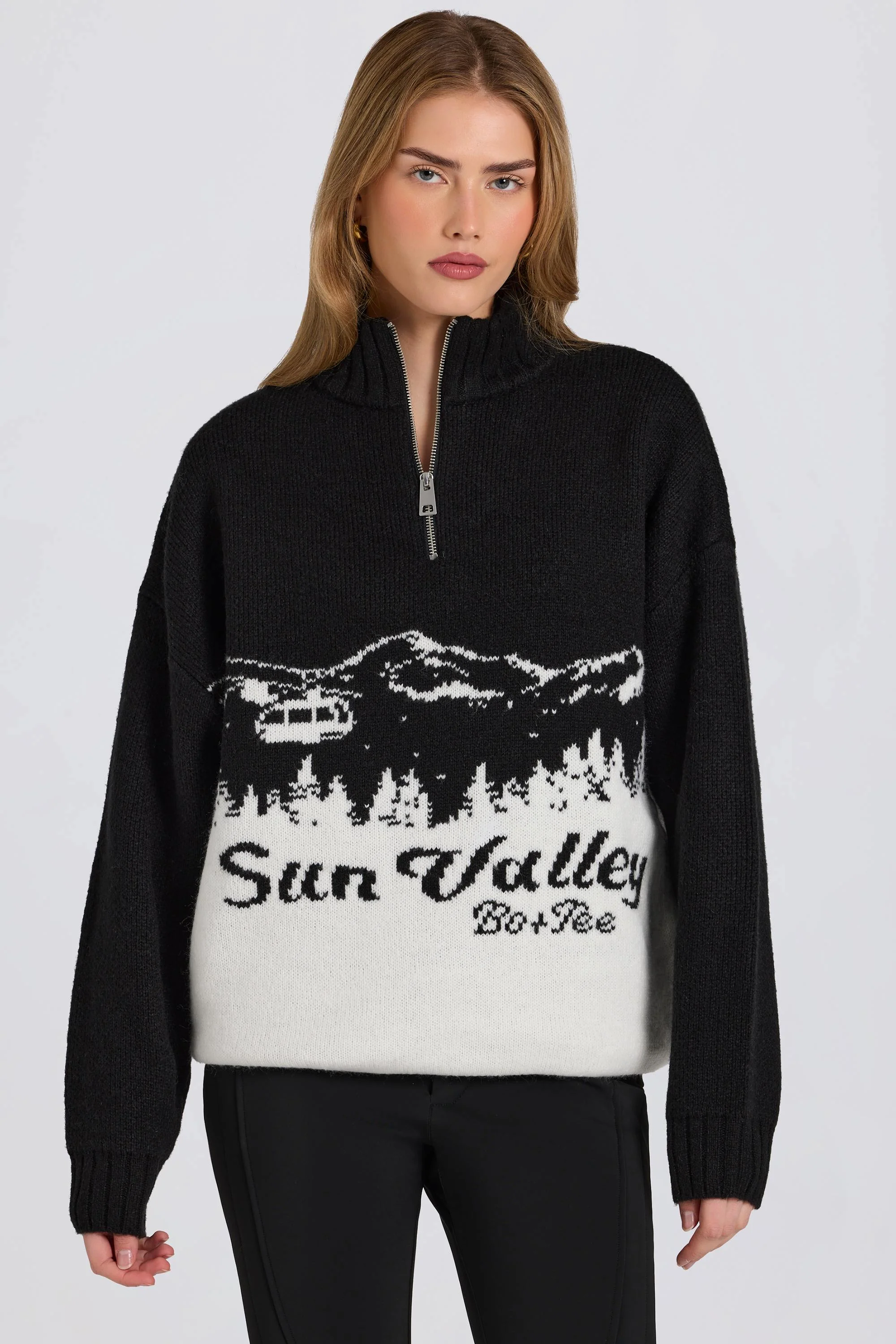 Knit Quarter-Zip Turtleneck Oversized Jumper in Black - Image 6