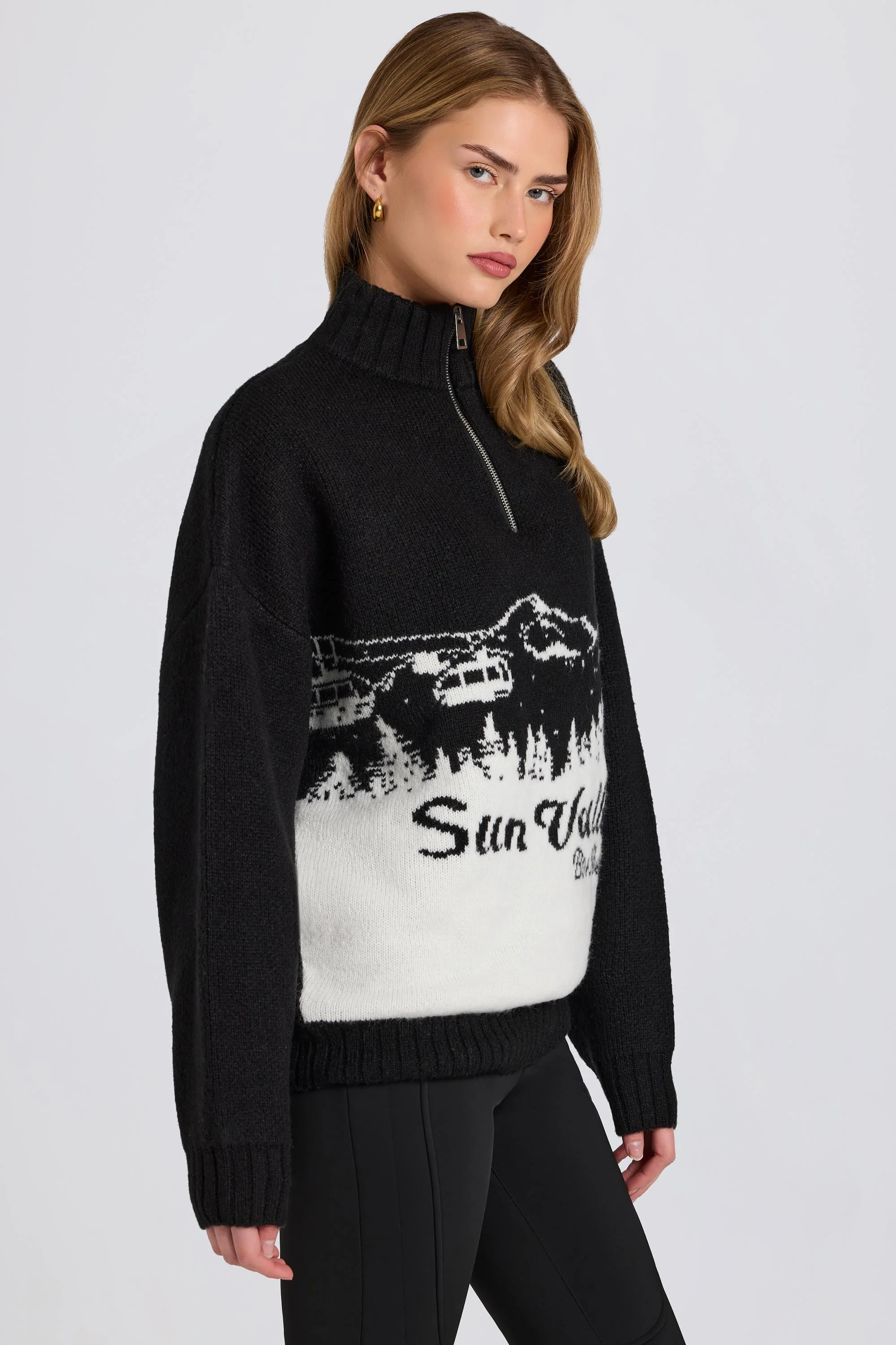 Knit Quarter-Zip Turtleneck Oversized Jumper in Black - Image 7