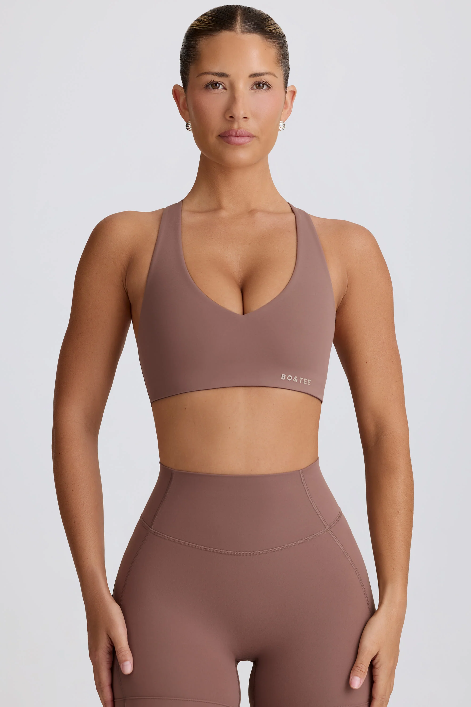 Soft Active V-Neck Sports Bra in Mocha - Image 8