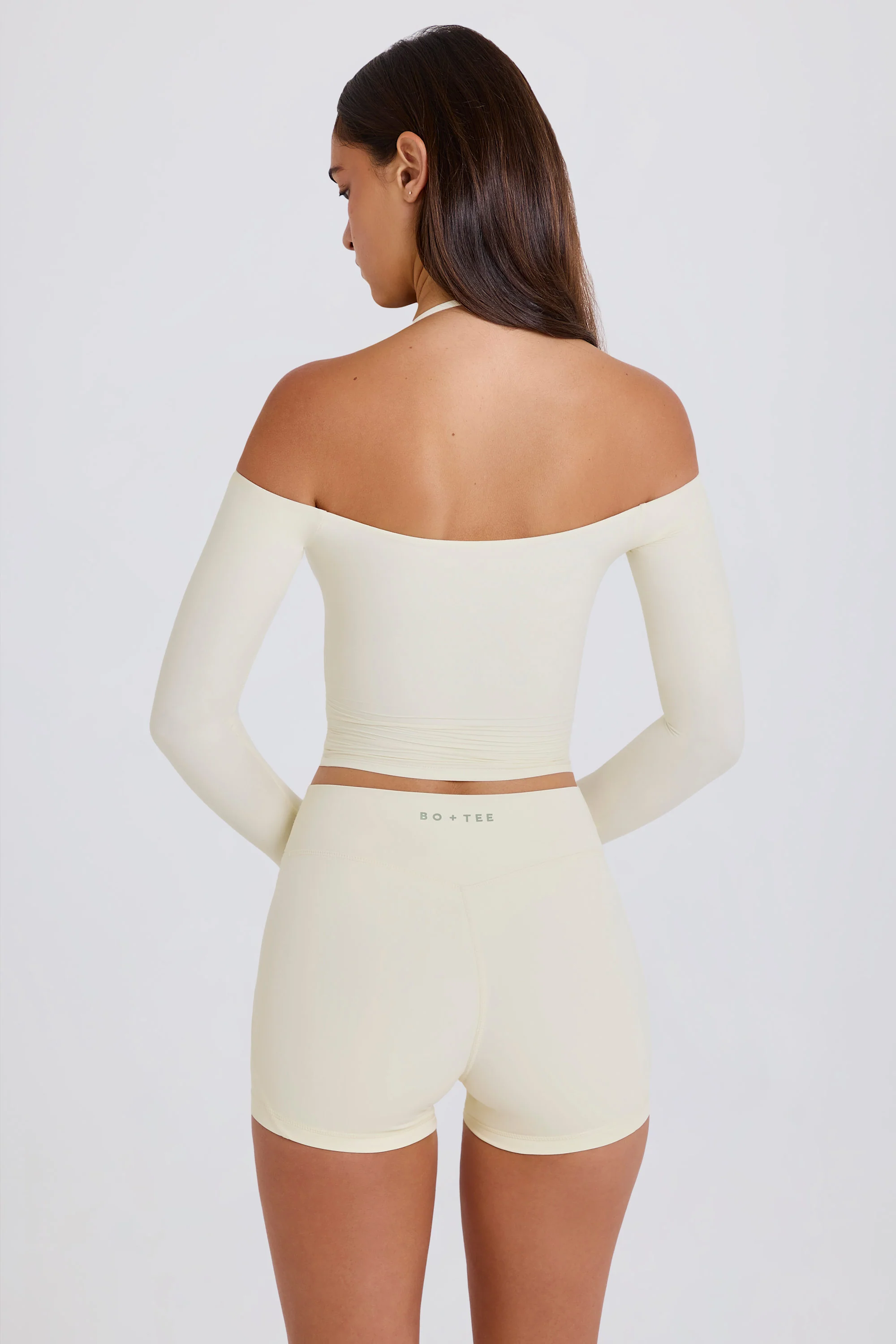 Soft Jersey Off-Shoulder Halterneck Longline Top in Cream - Image 2