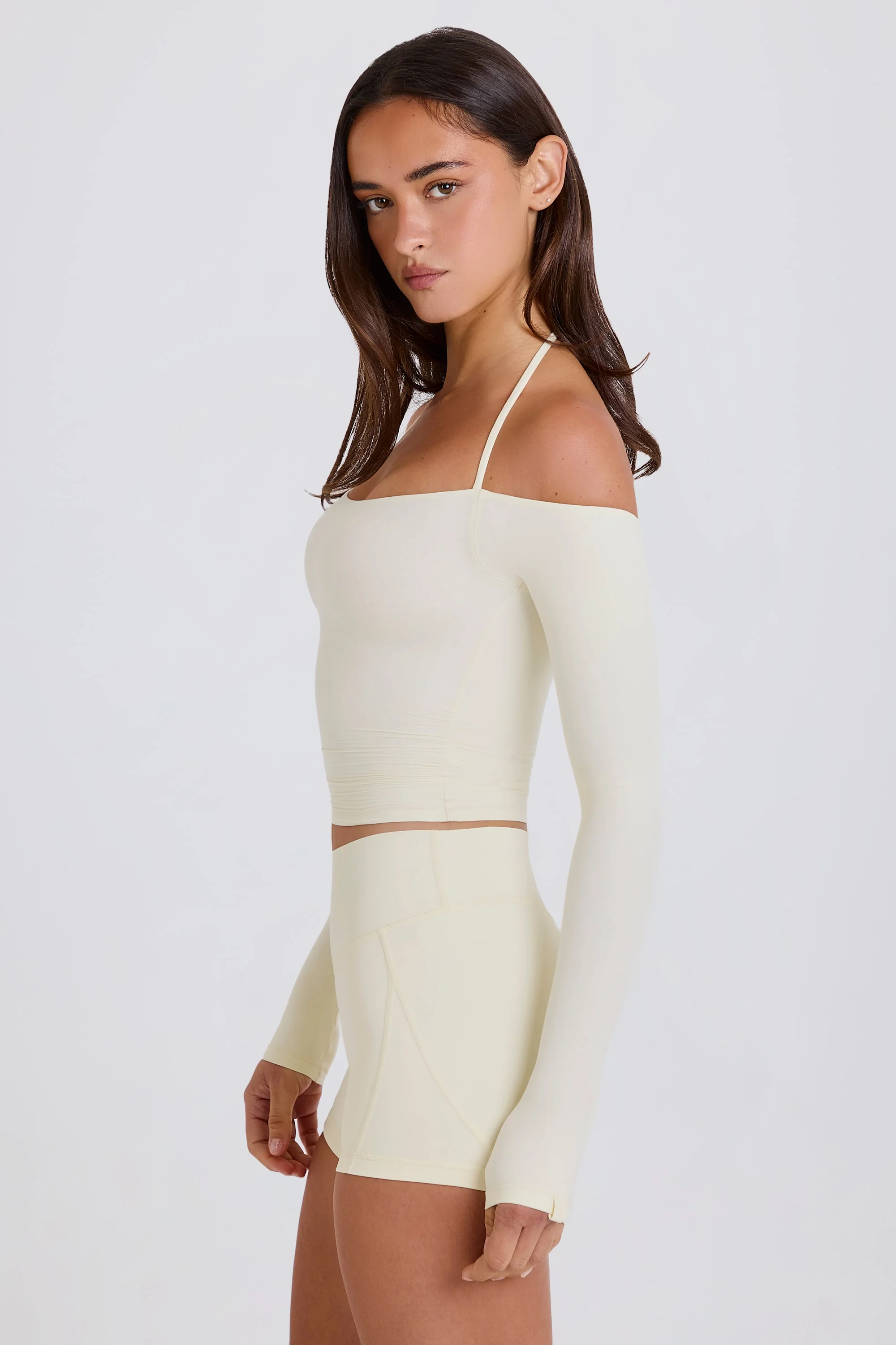 Soft Jersey Off-Shoulder Halterneck Longline Top in Cream - Image 3