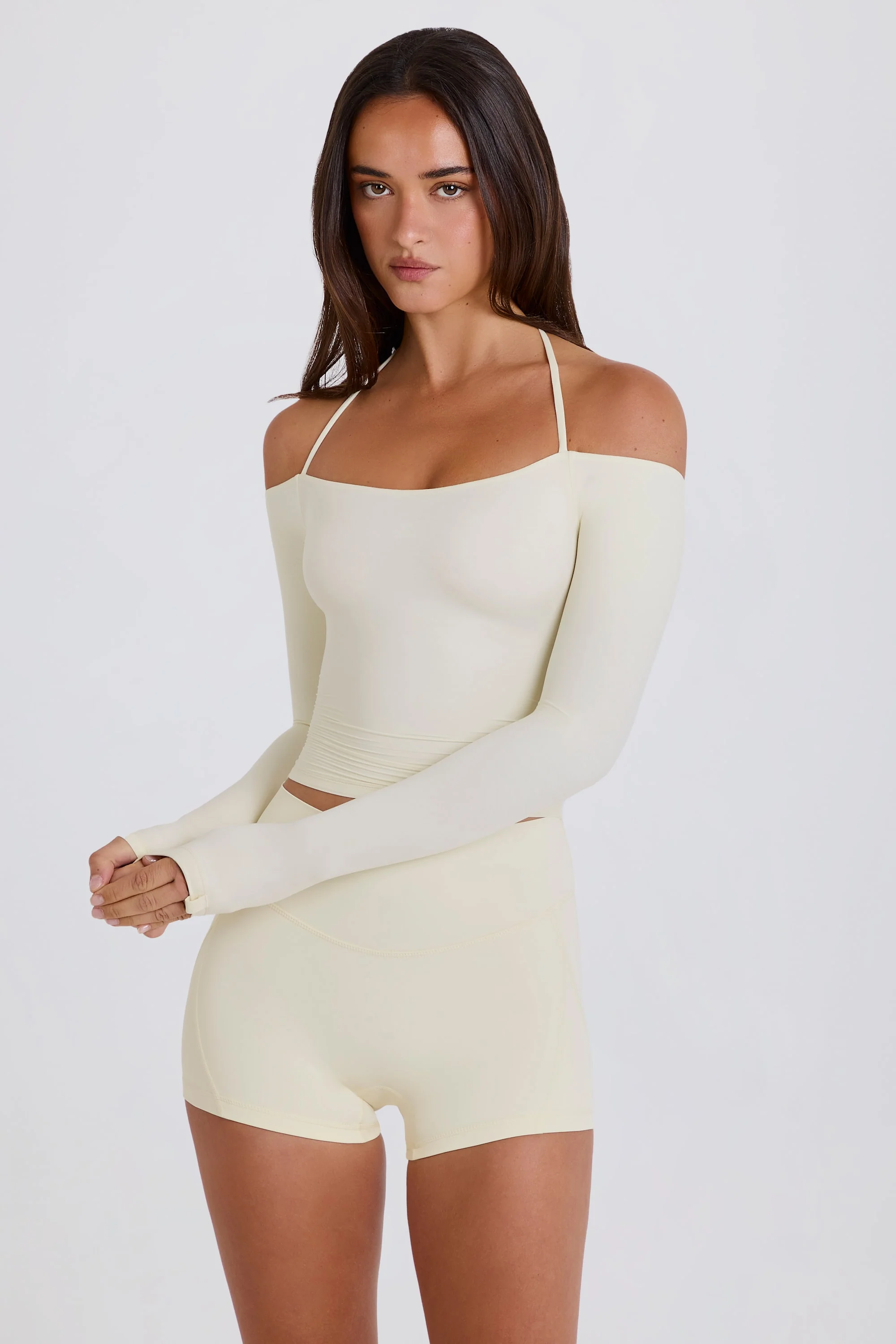 Soft Jersey Off-Shoulder Halterneck Longline Top in Cream - Image 4