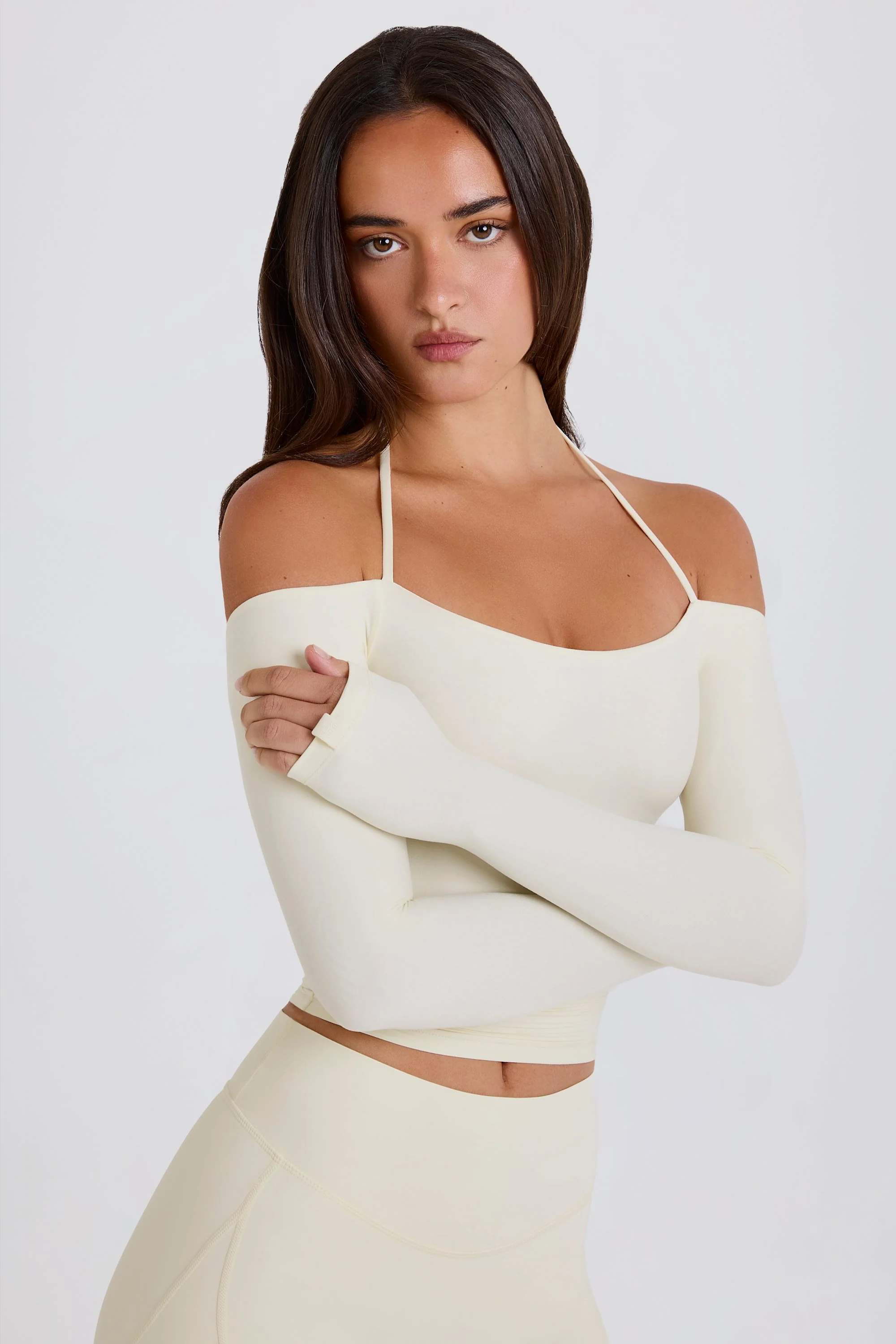 Soft Jersey Off-Shoulder Halterneck Longline Top in Cream - Image 6