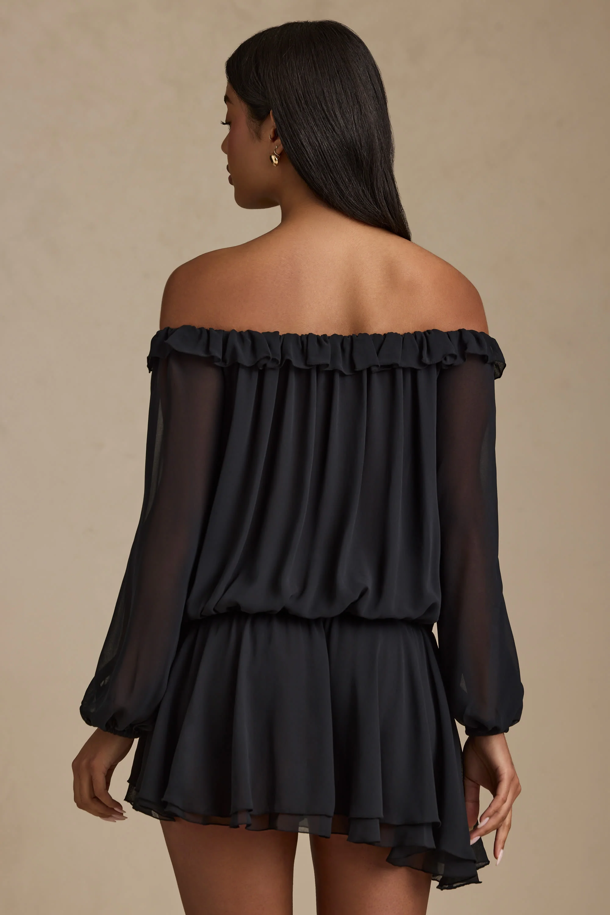Off-Shoulder Asymmetric Balloon-Sleeve Mini Dress in Black - Image 3