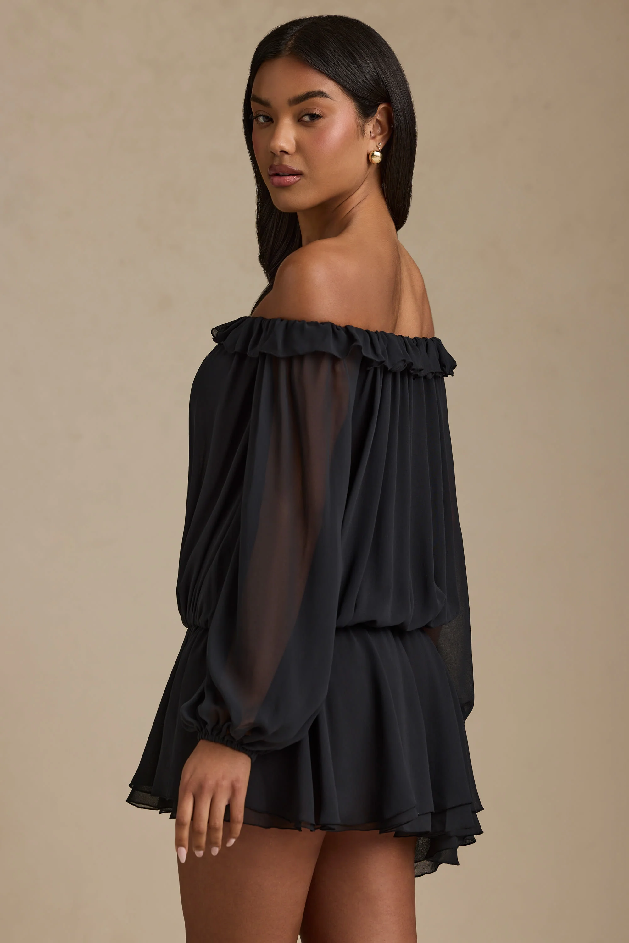 Off-Shoulder Asymmetric Balloon-Sleeve Mini Dress in Black - Image 4