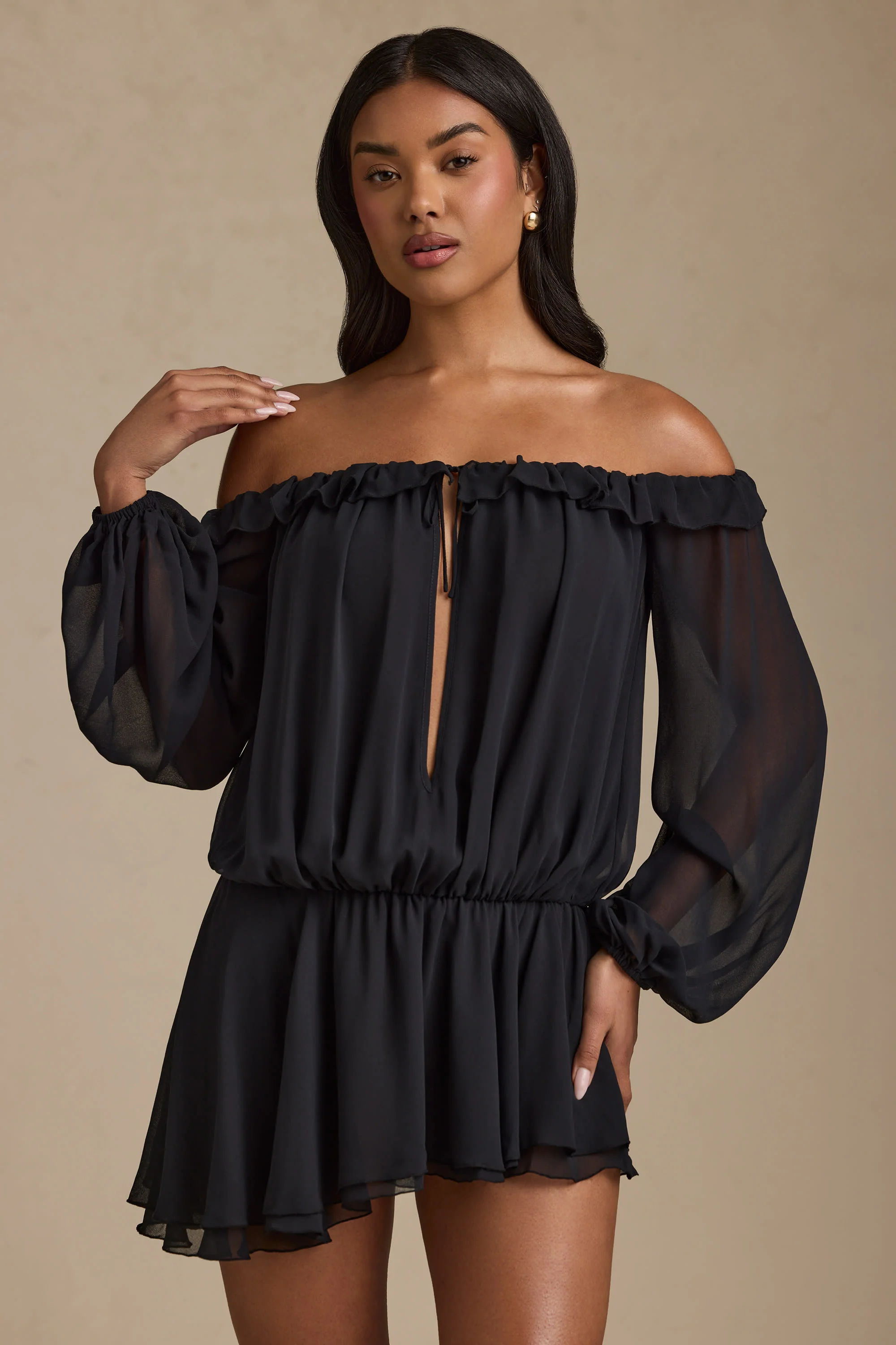 Off-Shoulder Asymmetric Balloon-Sleeve Mini Dress in Black - Image 5