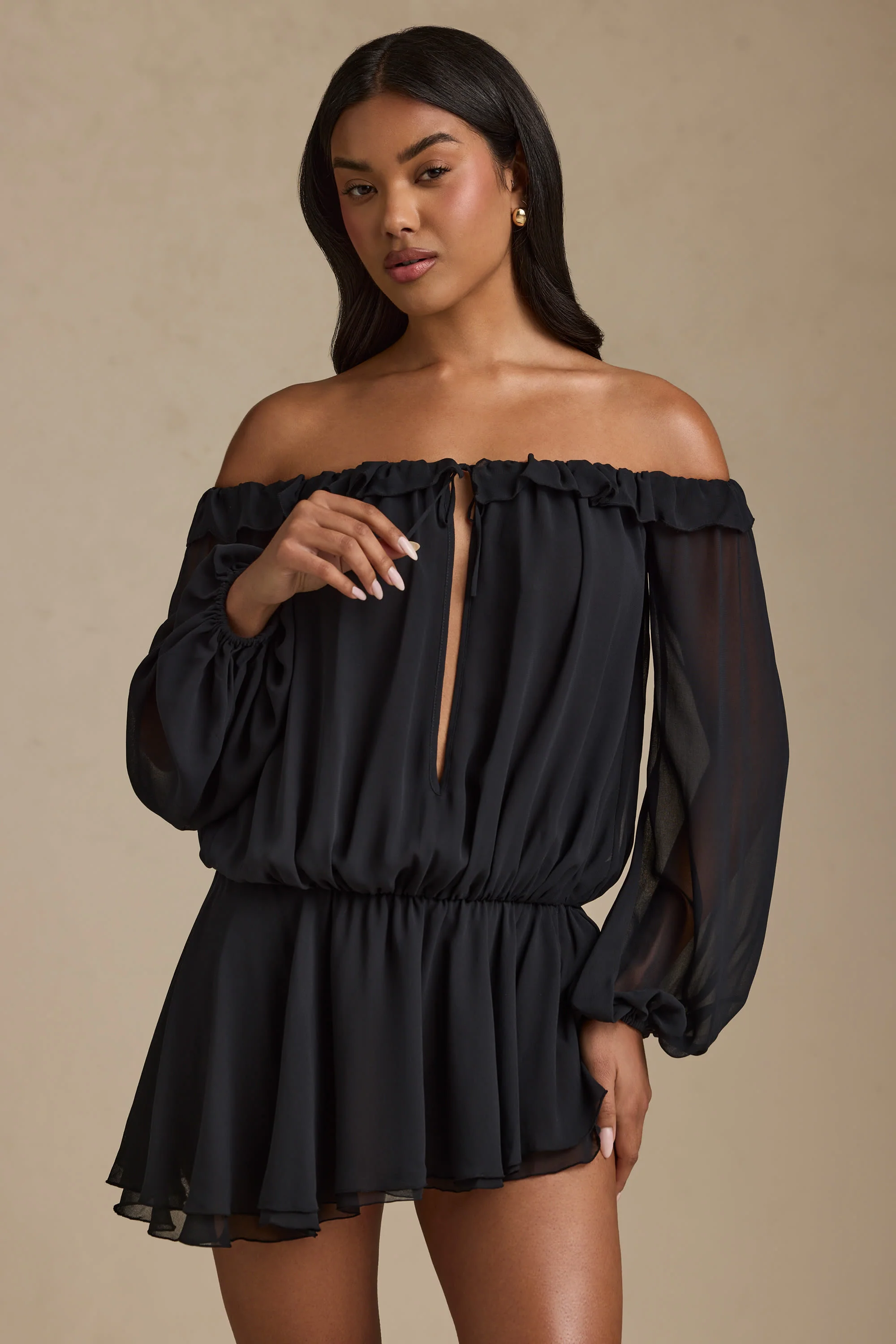 Off-Shoulder Asymmetric Balloon-Sleeve Mini Dress in Black - Image 6
