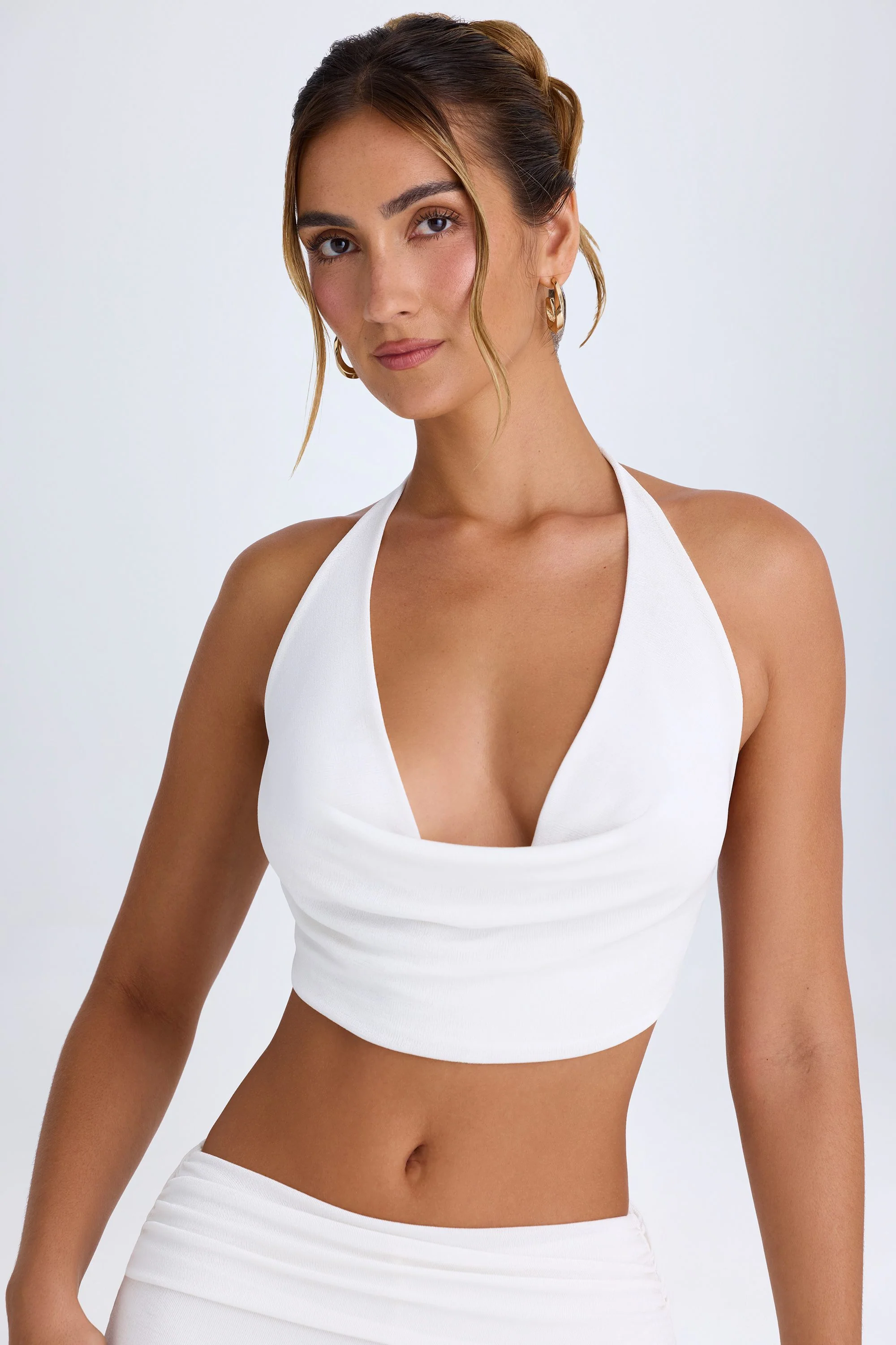Cowl-Front Halterneck Crop Top in White - Image 4