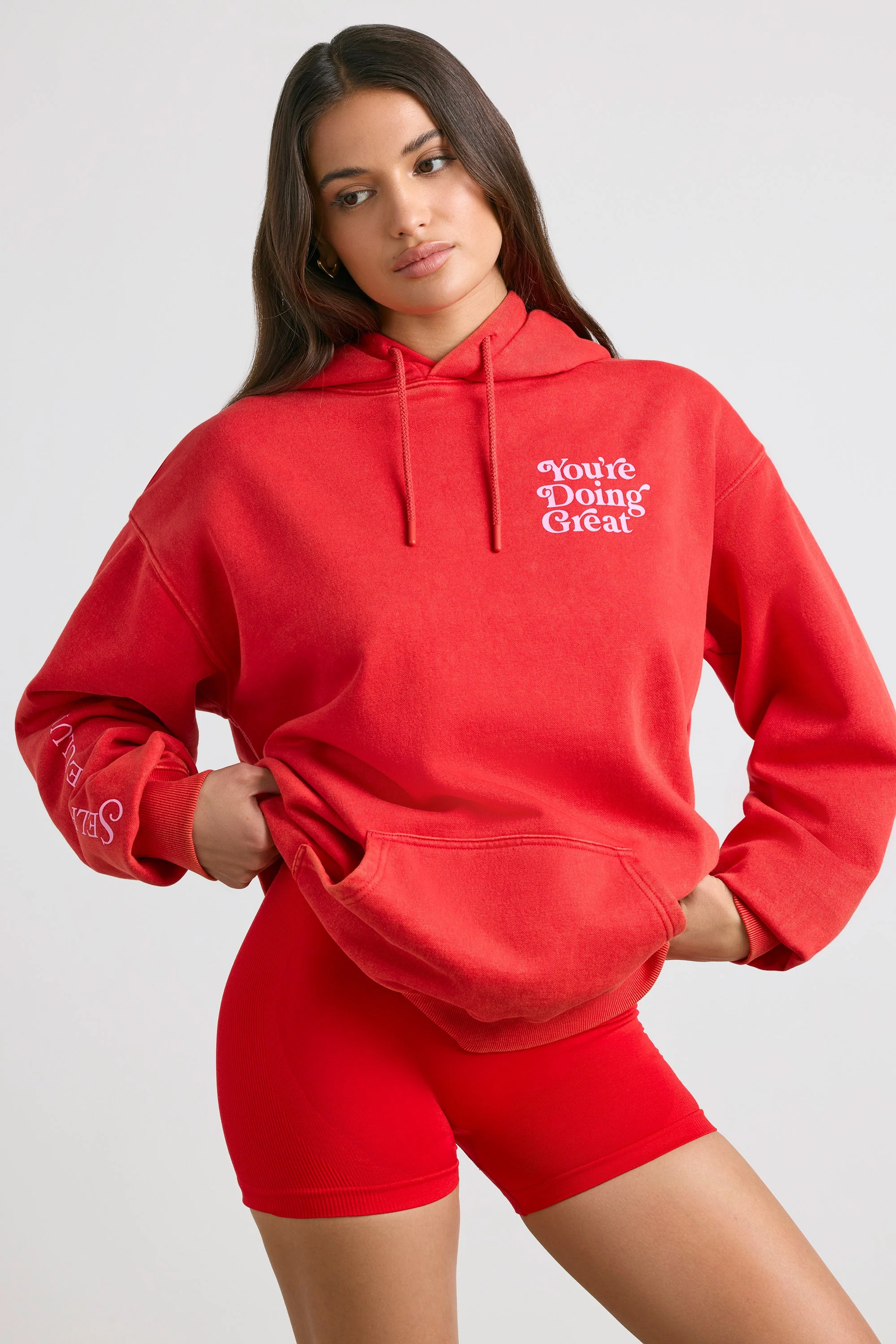 Soft Cotton Jersey Oversized Hoodie in Red - Image 2