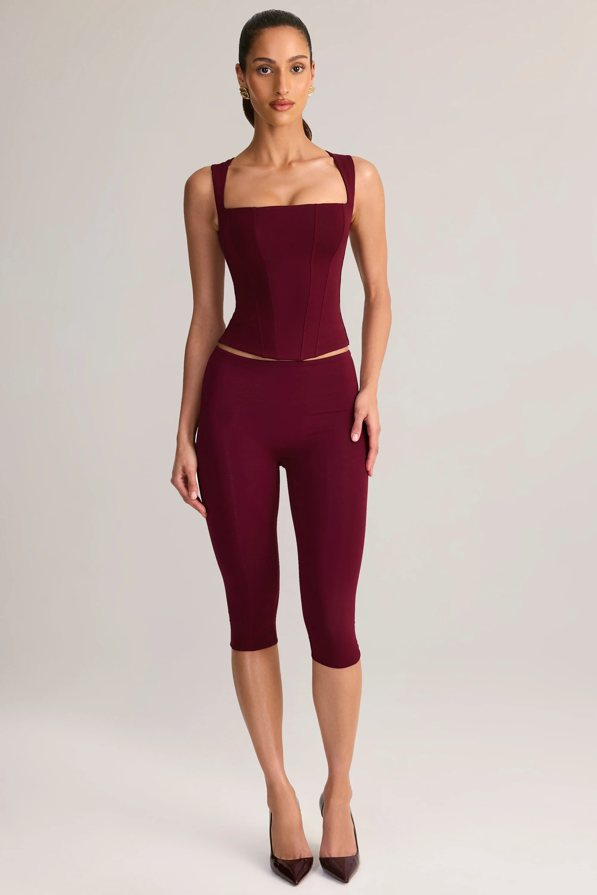 Modal Mid-Rise Capri Leggings in Wine - Image 6