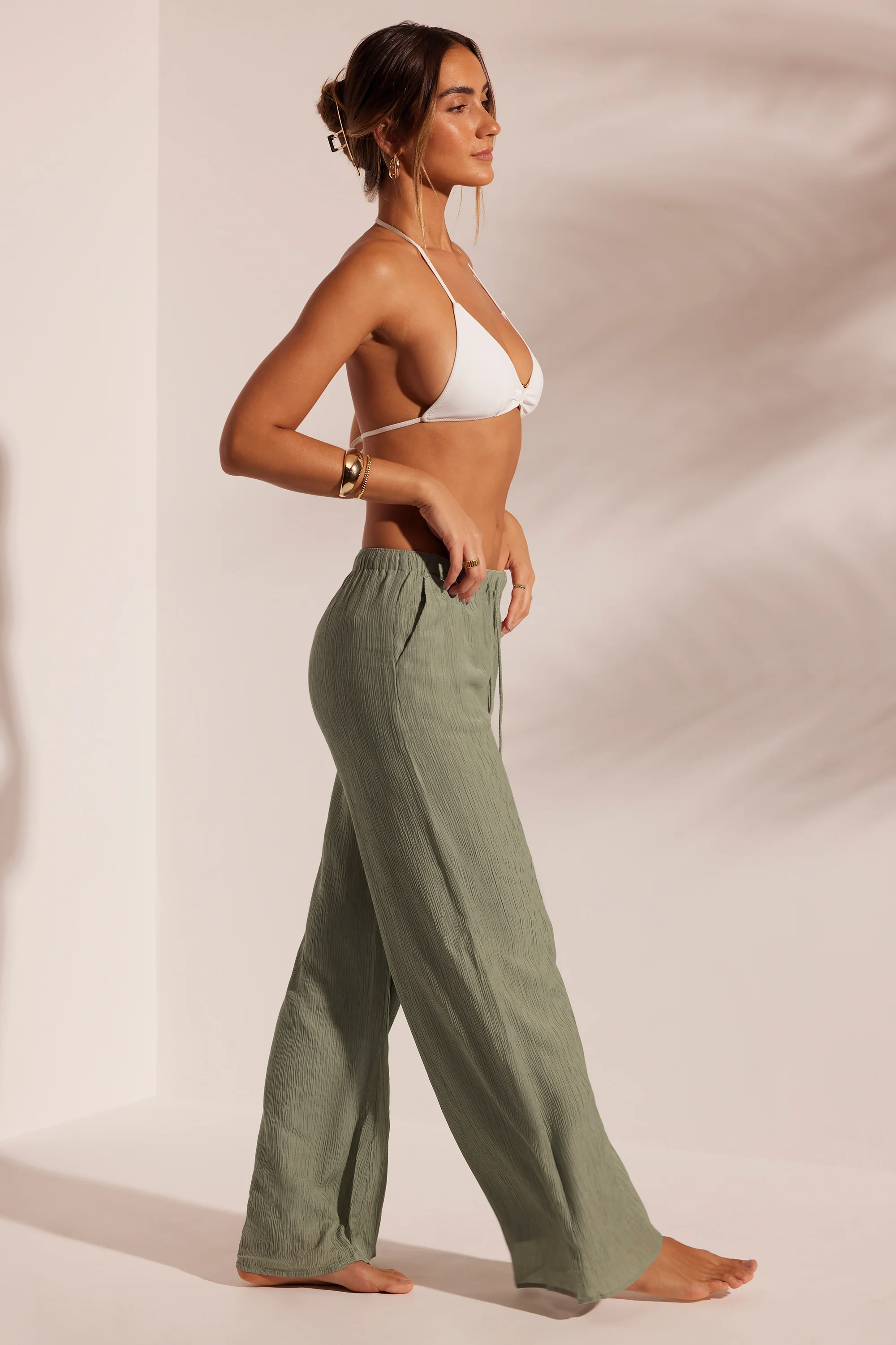 Crinkle Textured Beach Trousers in Light Green - Image 3