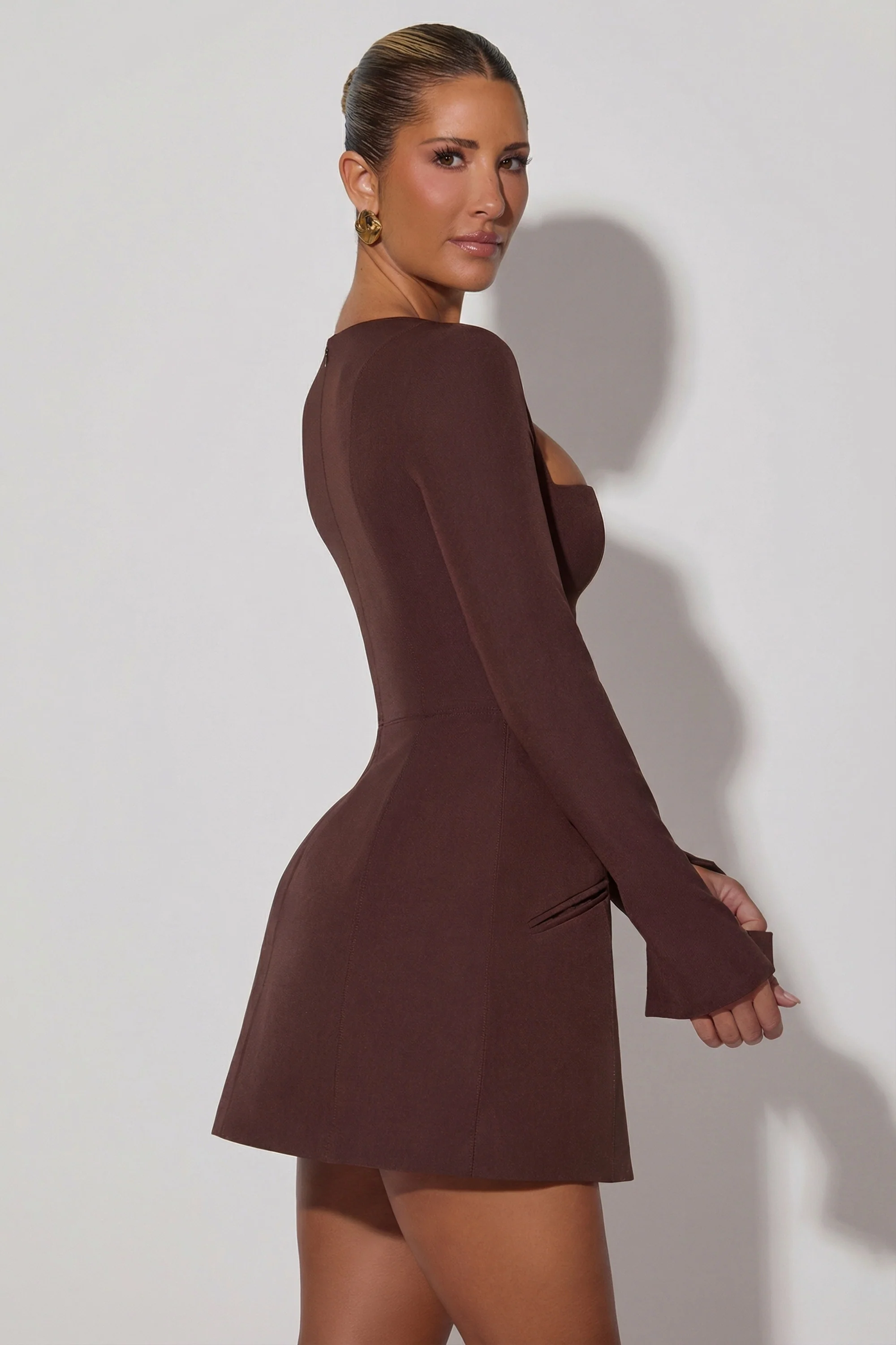 Square-Neck Structured Tulip Mini Dress in Chocolate Brown - Image 3