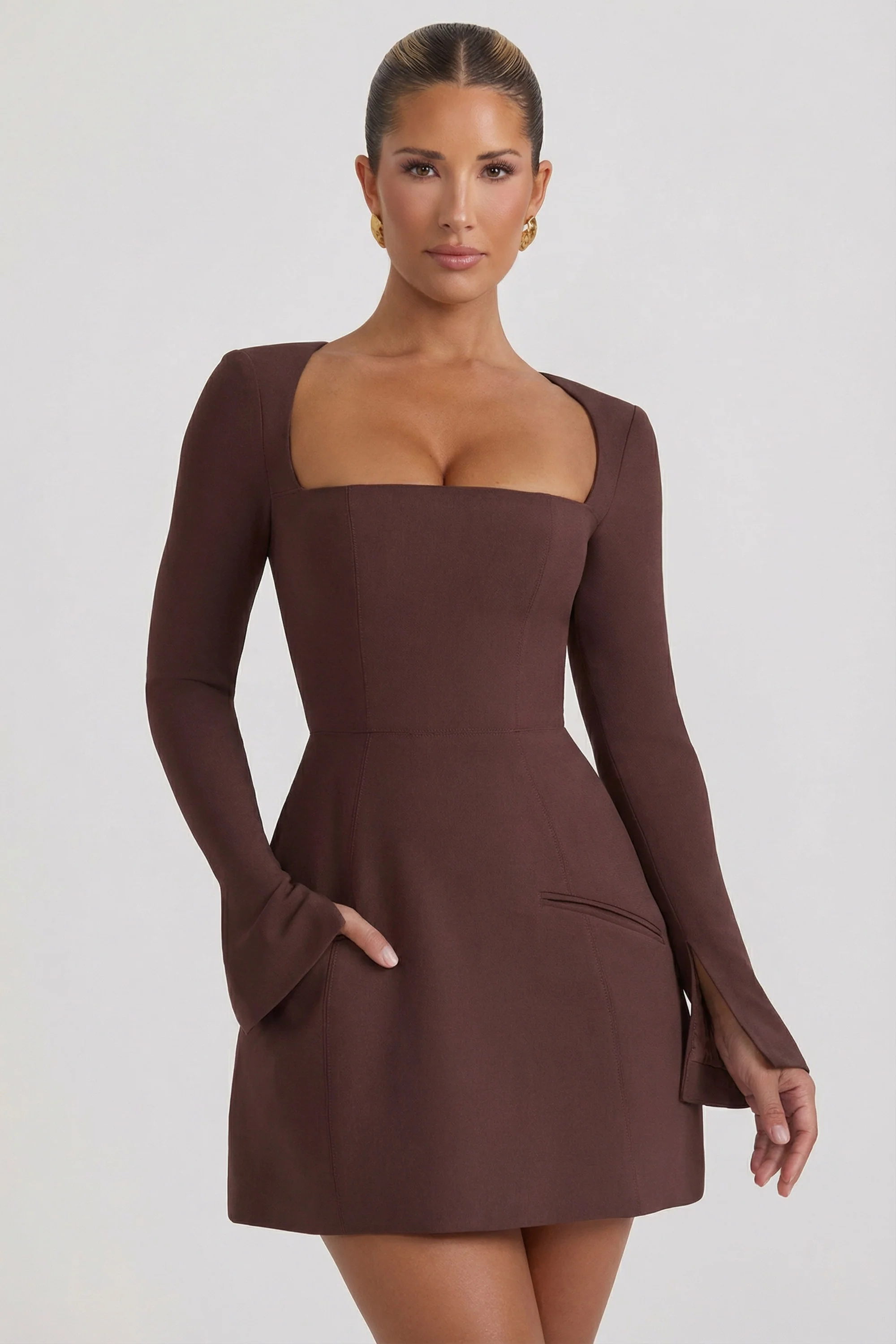 Square-Neck Structured Tulip Mini Dress in Chocolate Brown - Image 5