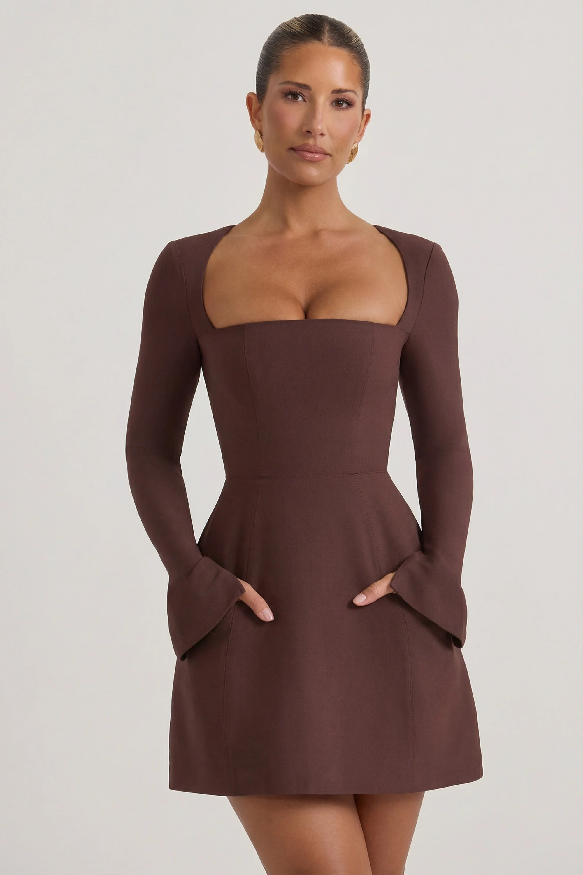 Square-Neck Structured Tulip Mini Dress in Chocolate Brown - Image 7