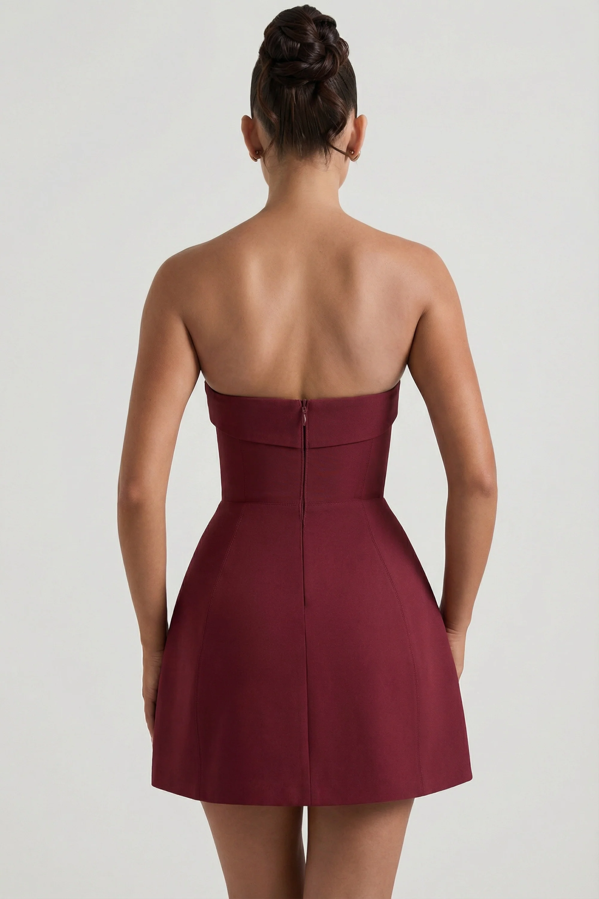 Foldover-Neck Strapless Structured A-Line Mini Dress in Wine Red - Image 2