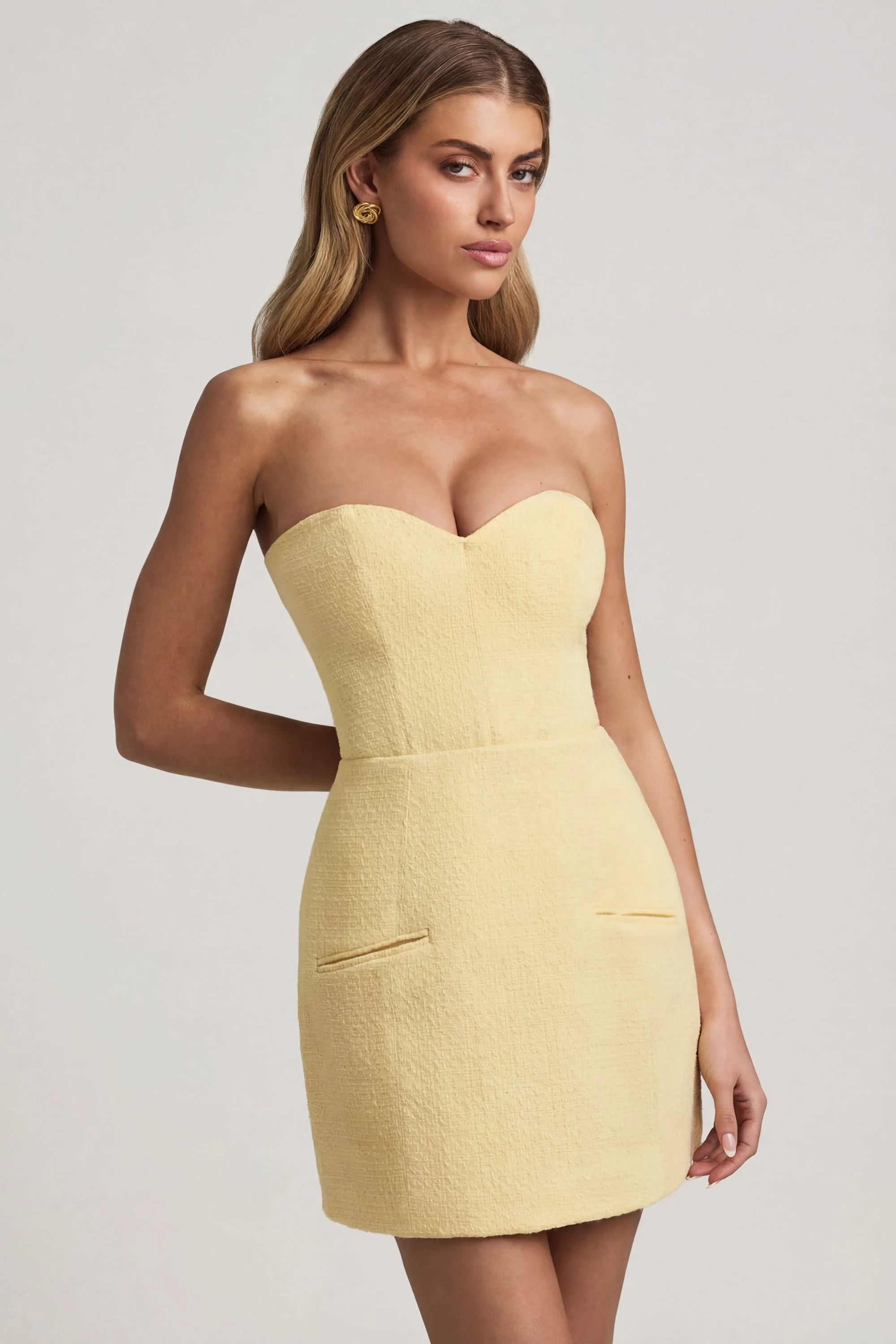 Sweetheart-Neck Strapless Structured Mini Dress in Pastel Yellow - Image 7