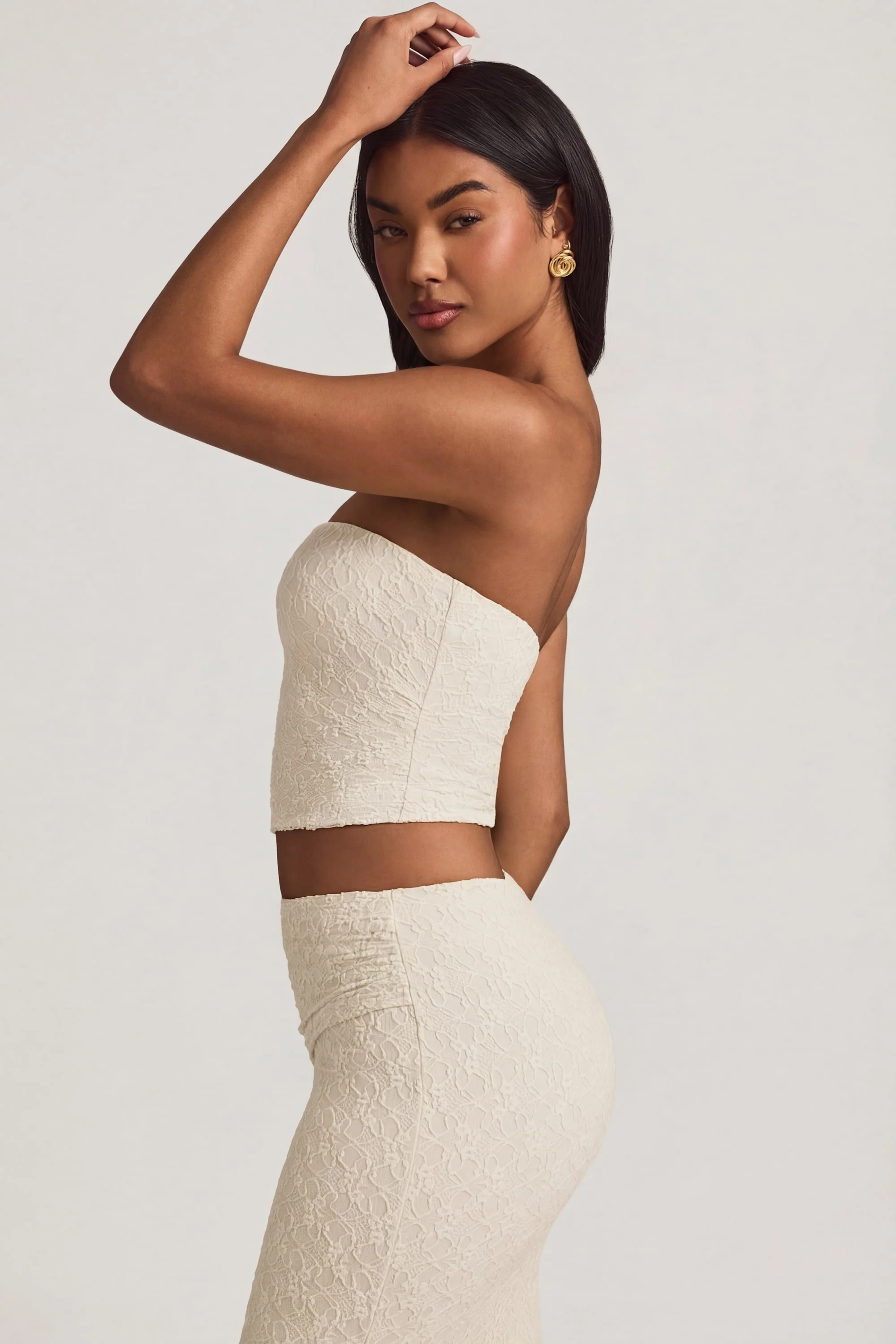 Ruched Strapless Lace Top in Ivory - Image 3