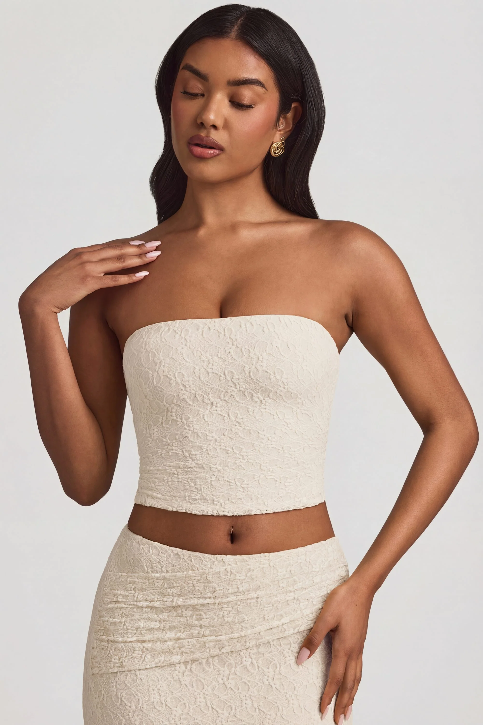 Ruched Strapless Lace Top in Ivory - Image 4