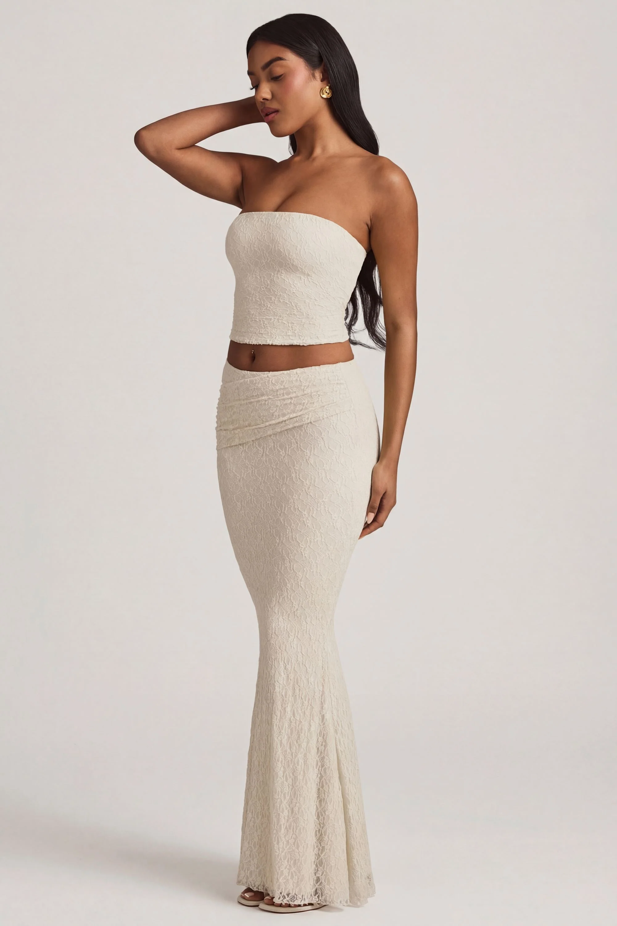 Ruched Strapless Lace Top in Ivory - Image 6