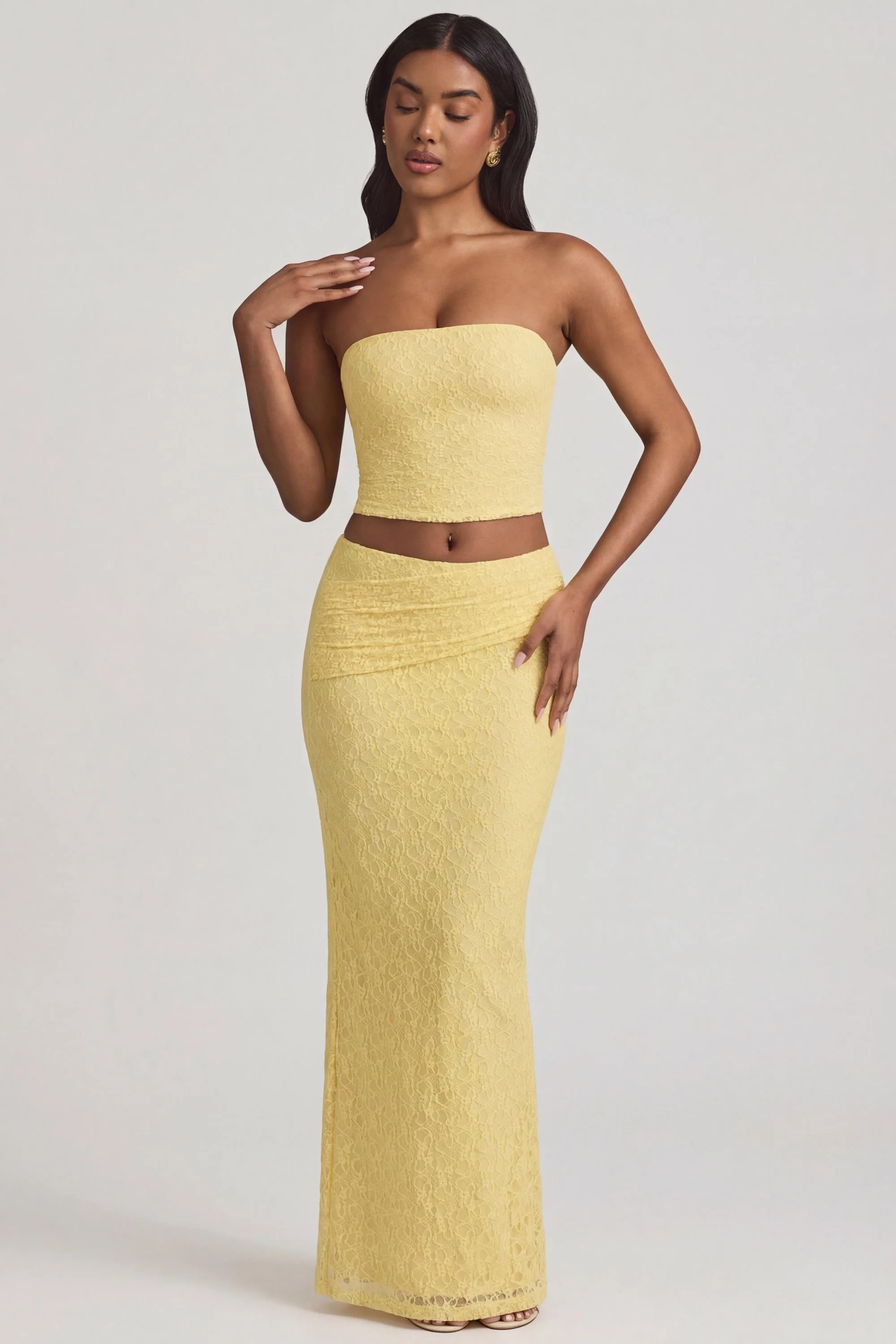 Ruched Strapless Lace Top in Pastel Yellow - Image 6