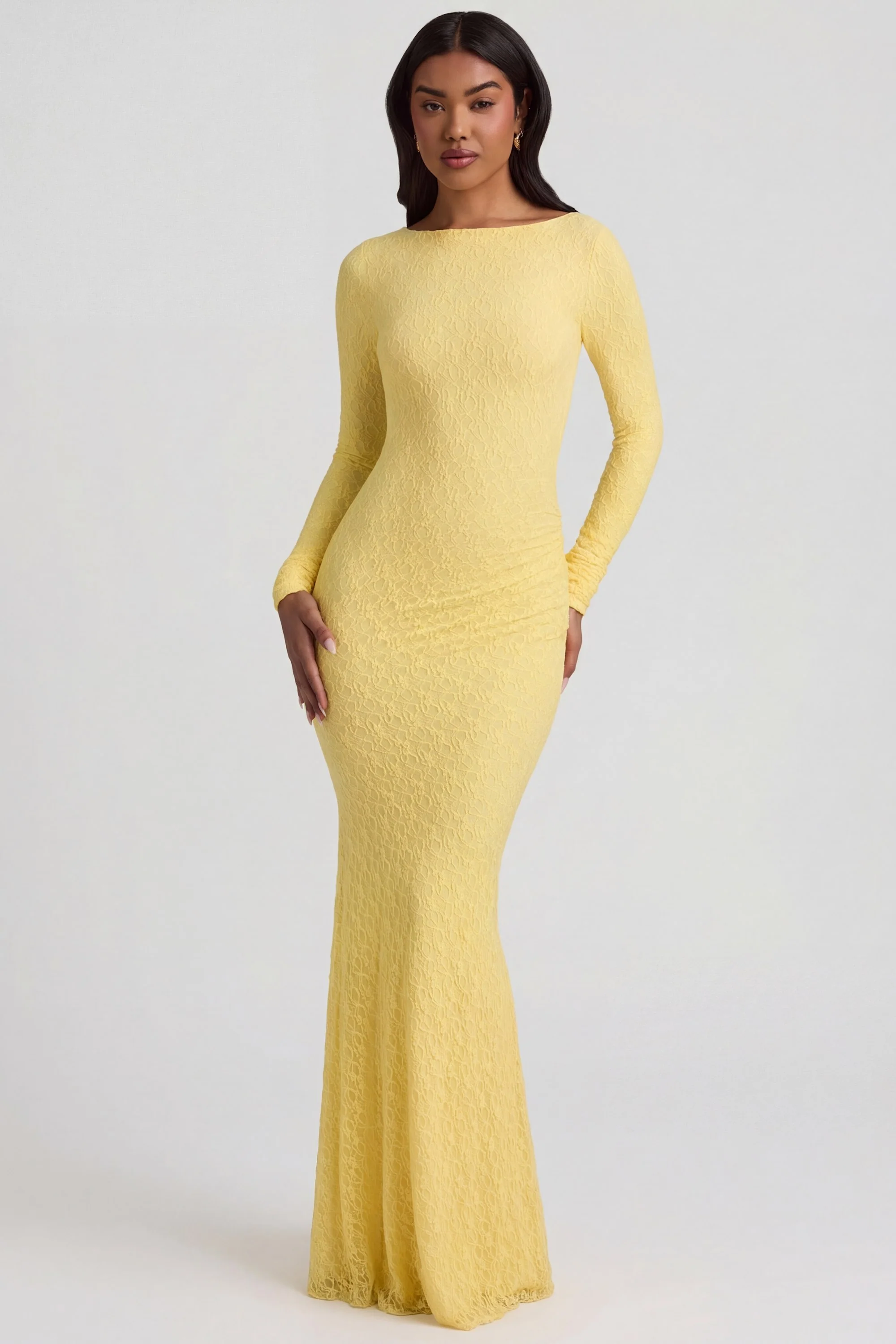 Ruched Backless Lace Maxi Dress in Pastel Yellow - Image 10