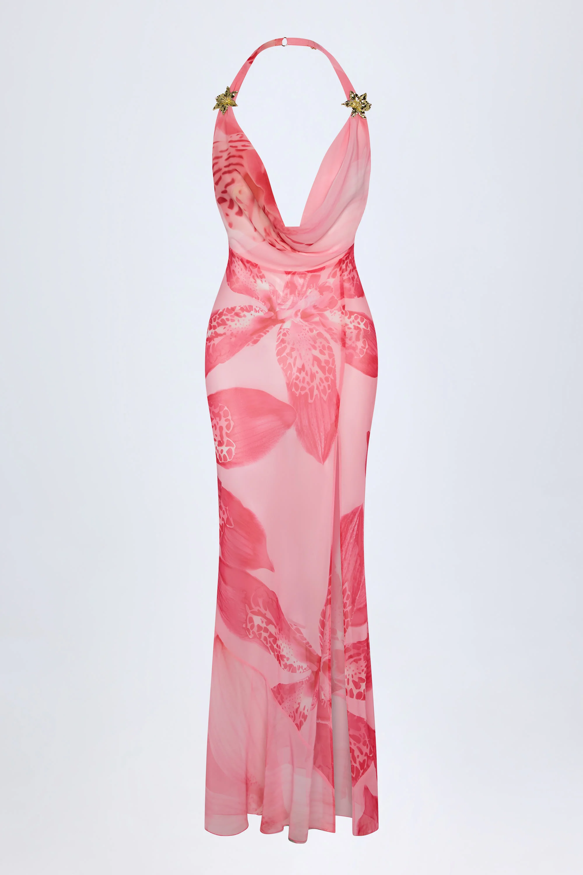 Cowl-Neck Hardware-Detail Maxi Dress in Pink Orchid Print - Image 3