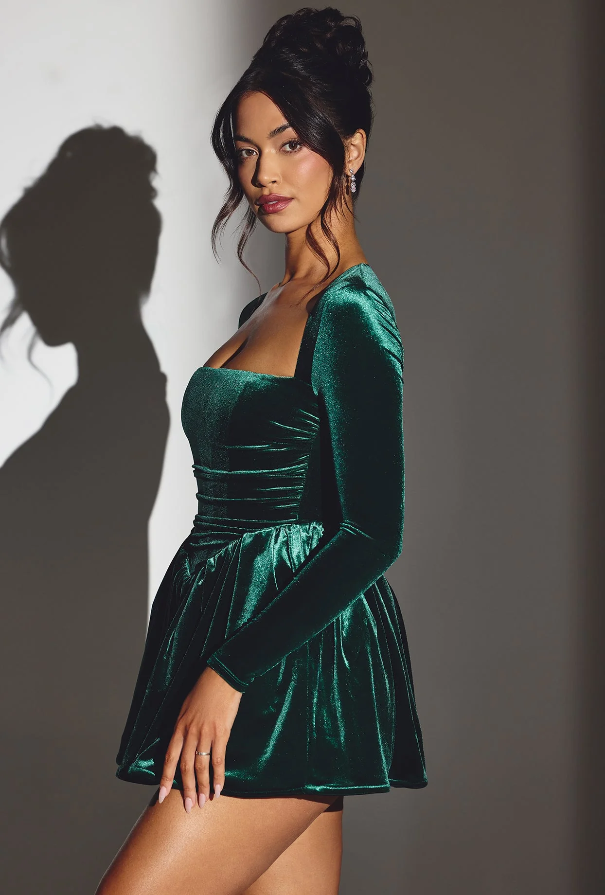 Velvet Long Sleeve Corset Mini Dress in Emerald Green - Image 3