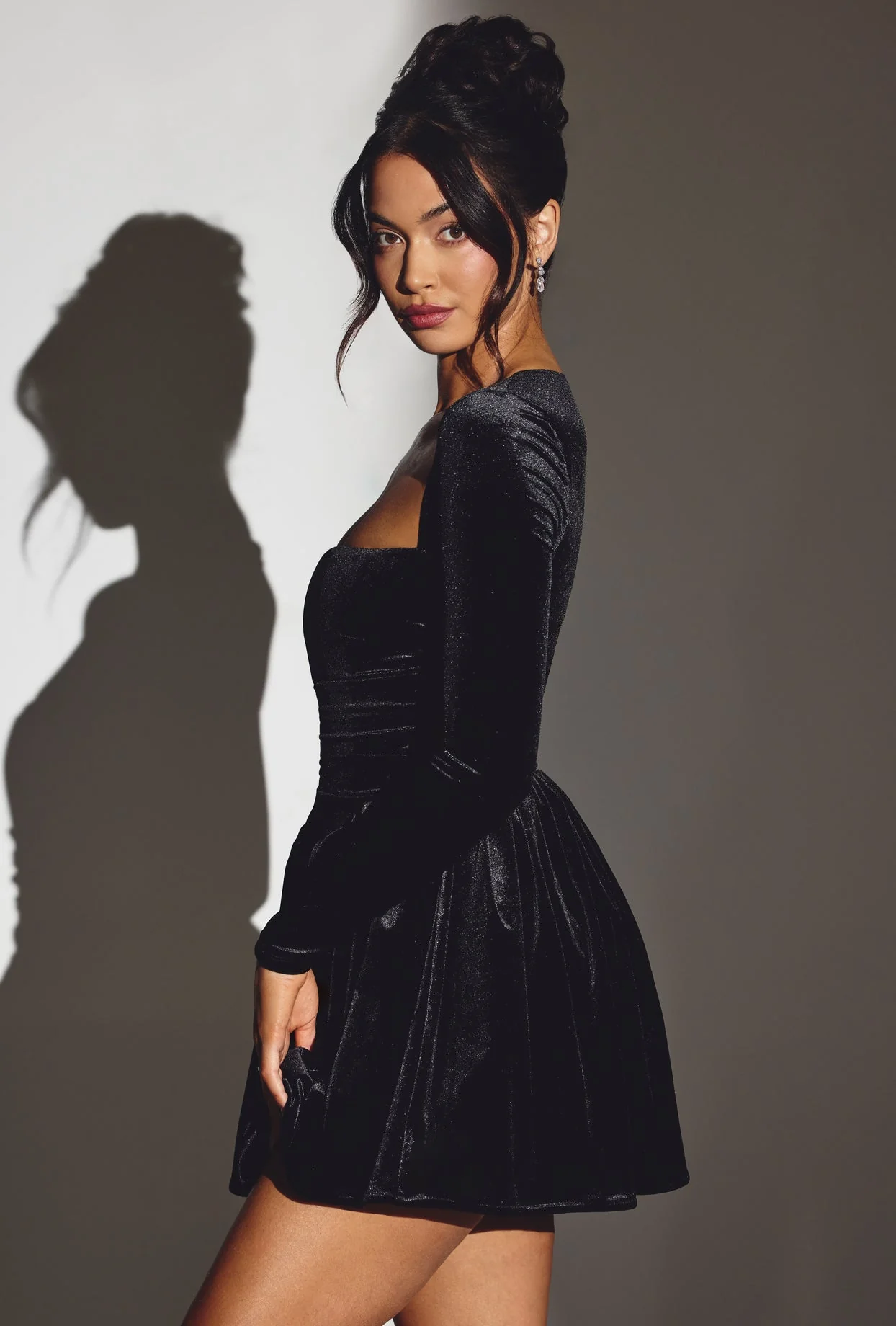 Velvet Long Sleeve Corset Mini Dress in Jet Black - Image 3