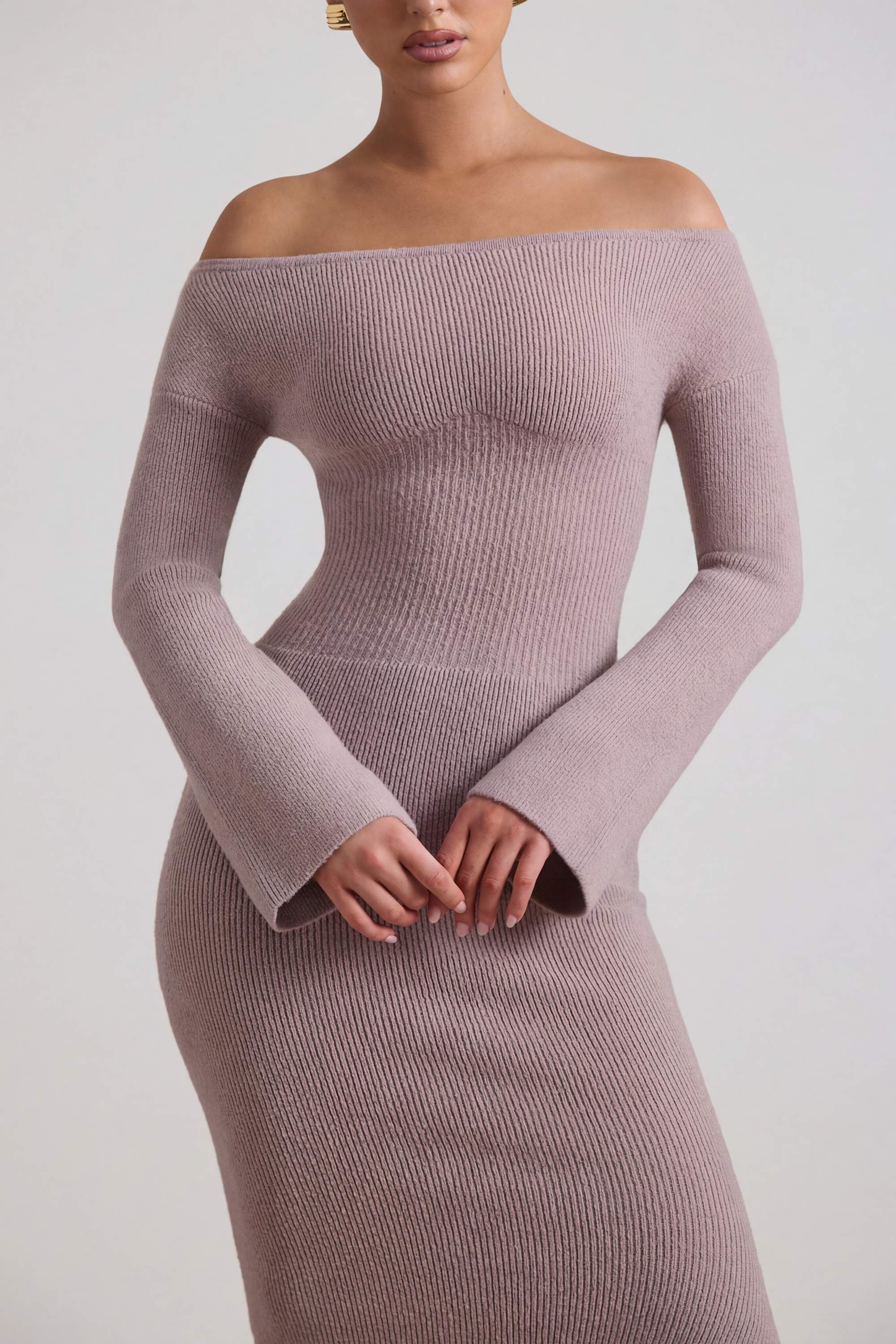Ribbed-Knit Off-Shoulder Maxi Dress in Taupe - Image 4
