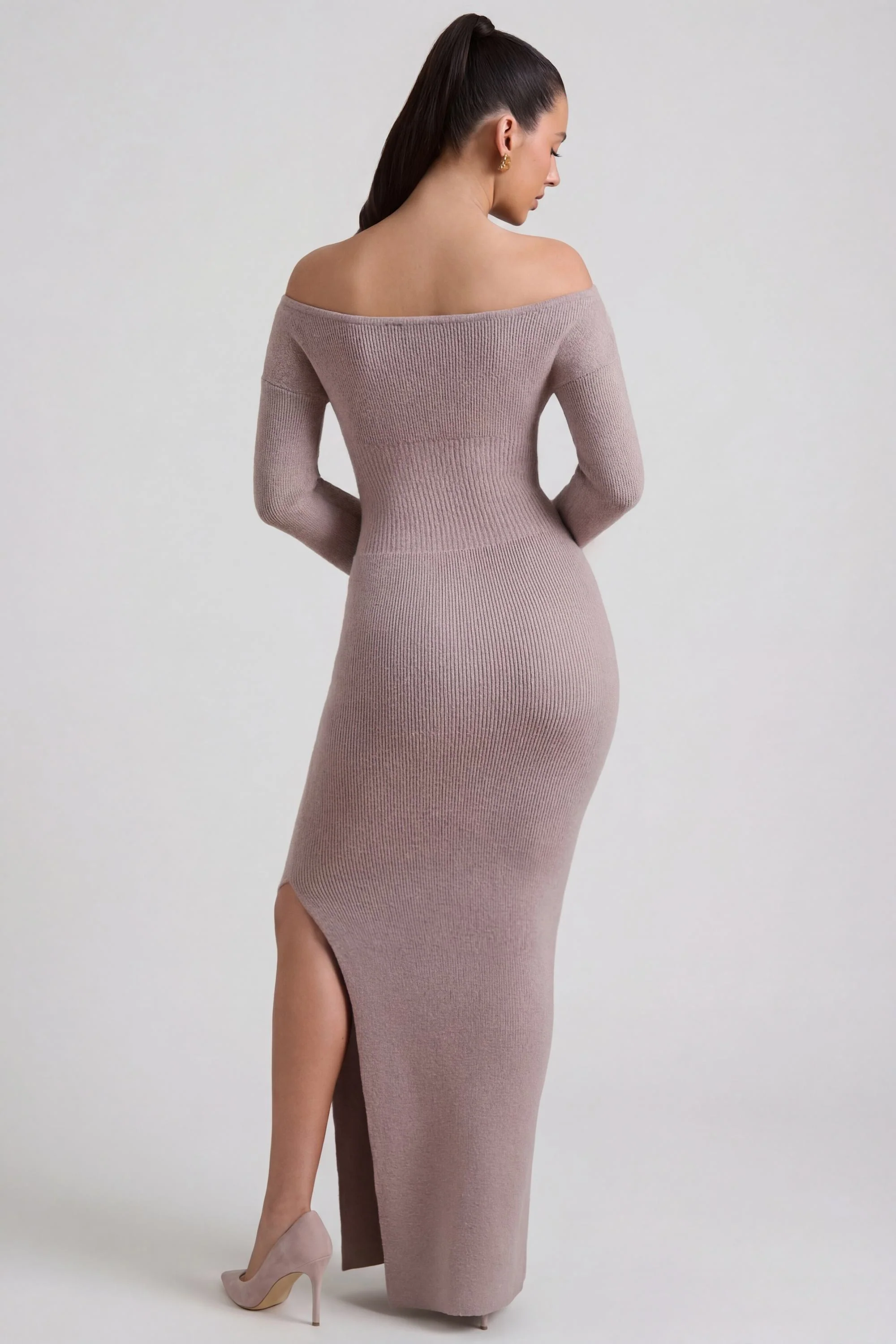 Ribbed-Knit Off-Shoulder Maxi Dress in Taupe - Image 5