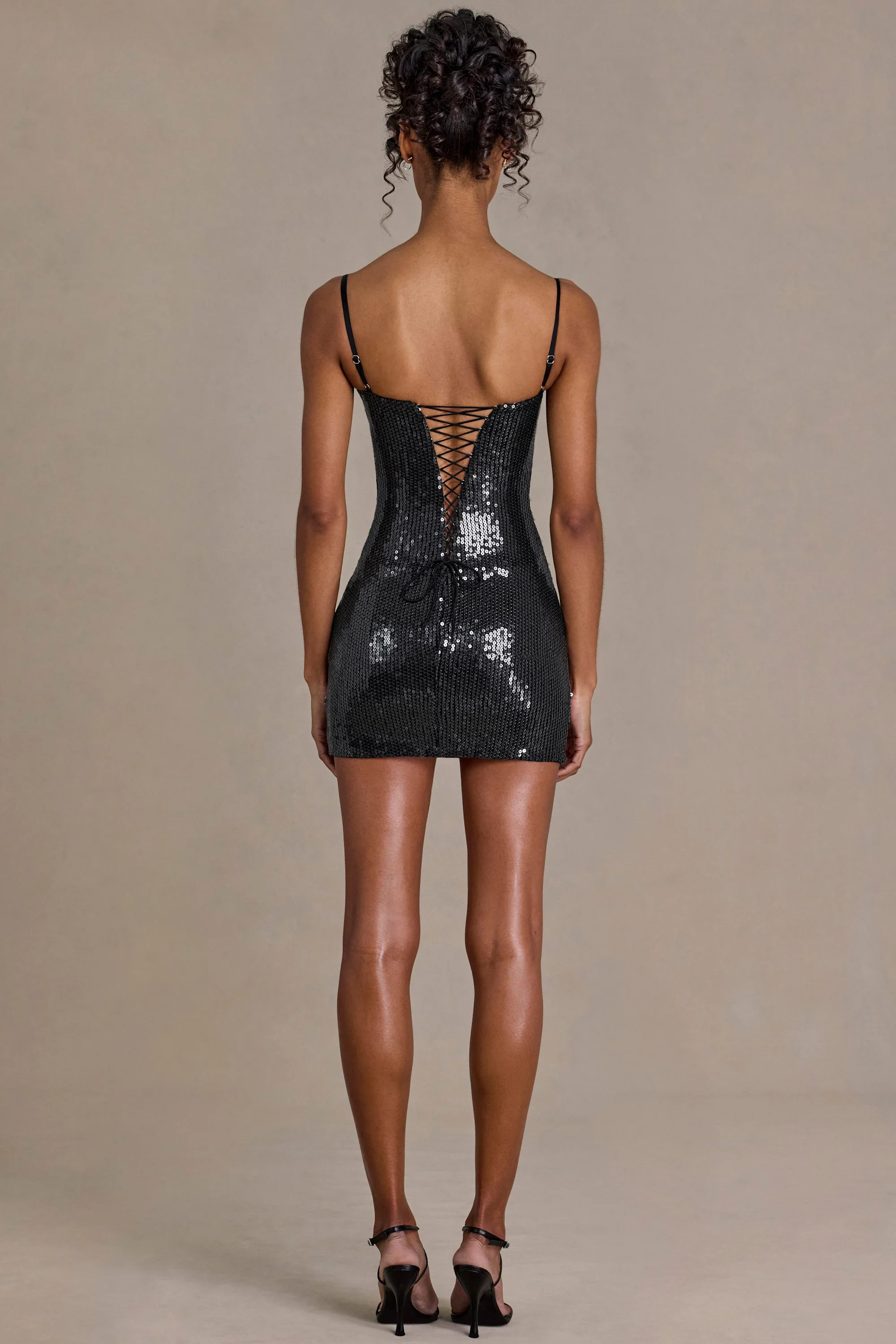 Sequin Lace Corset Mini Dress in Black - Image 3