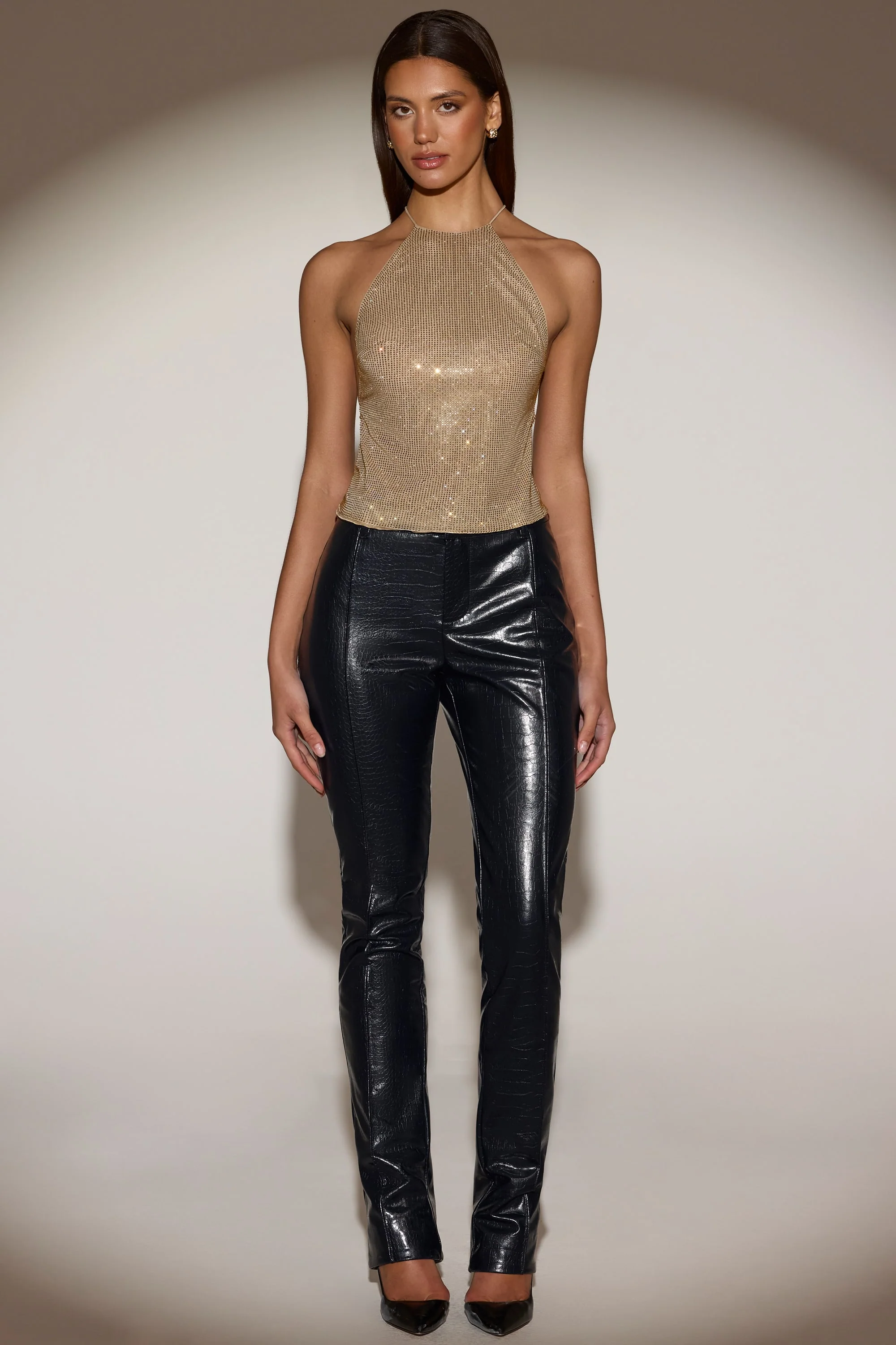 Embellished Jersey Halterneck Backless Top in Gold - Image 5