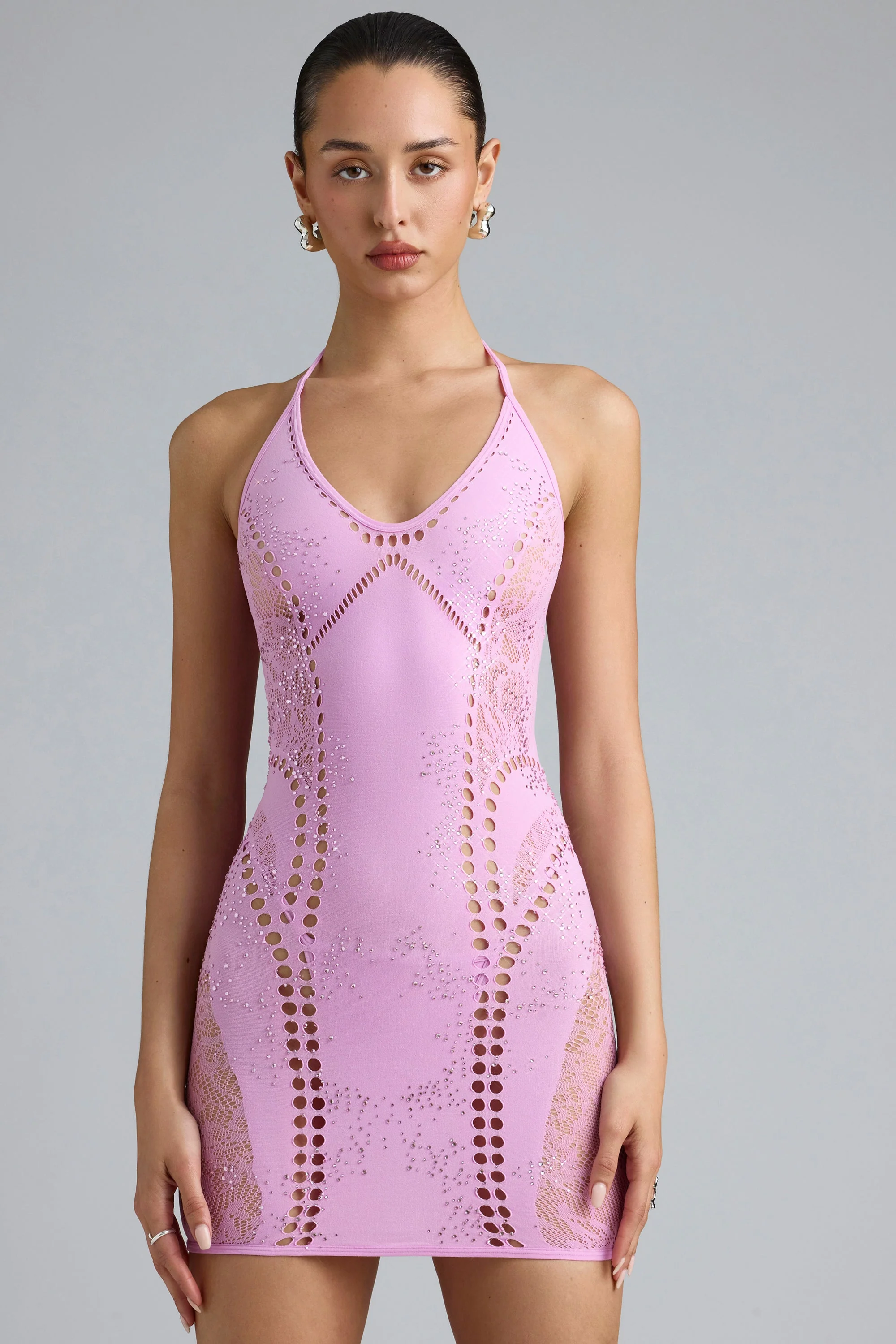 Embellished Halterneck Mini Dress in Violet Pink - Image 7