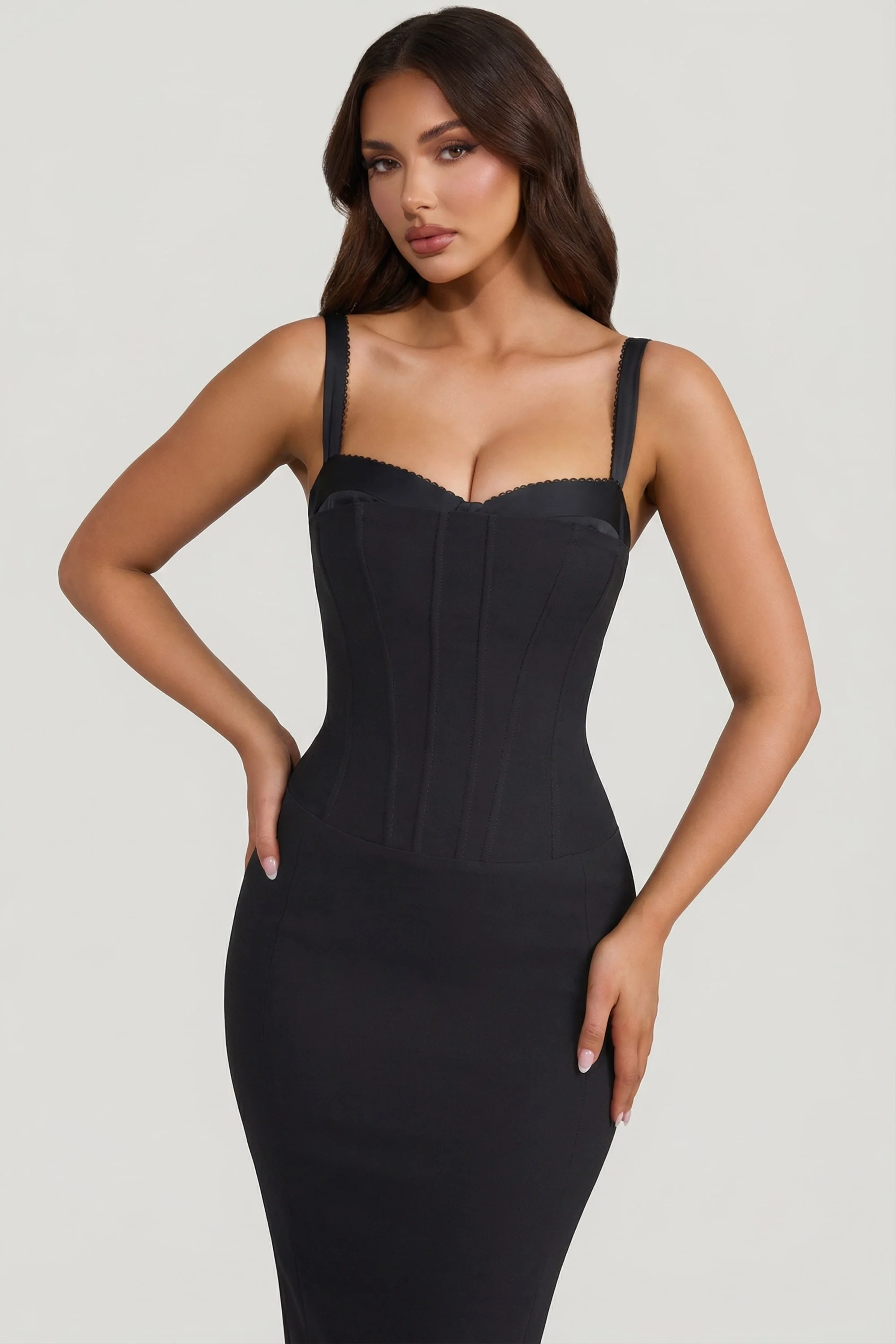 Layered Bra-Detail Fishtail Midaxi Dress in Black - Image 4