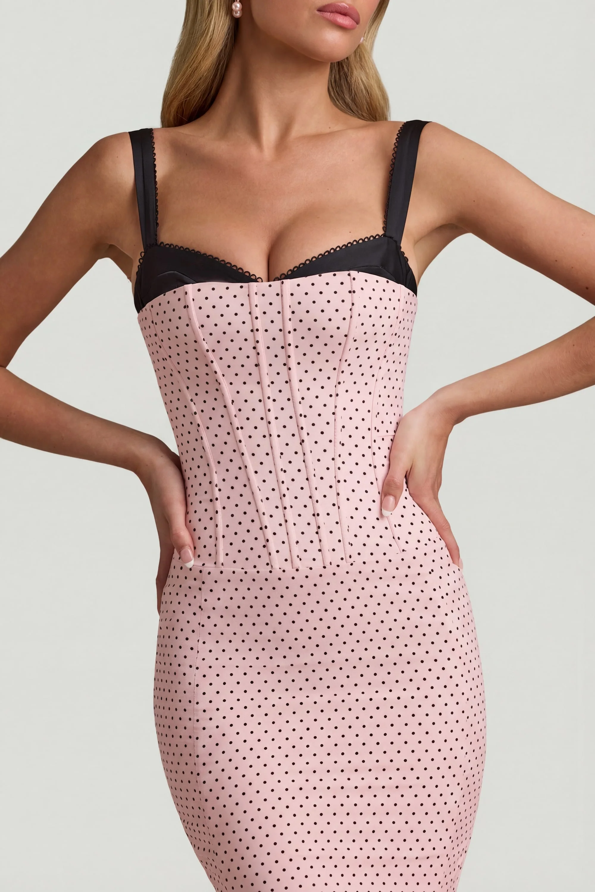 Layered Bra-Detail Fishtail Midaxi Dress in Pink Polka Dot - Image 4
