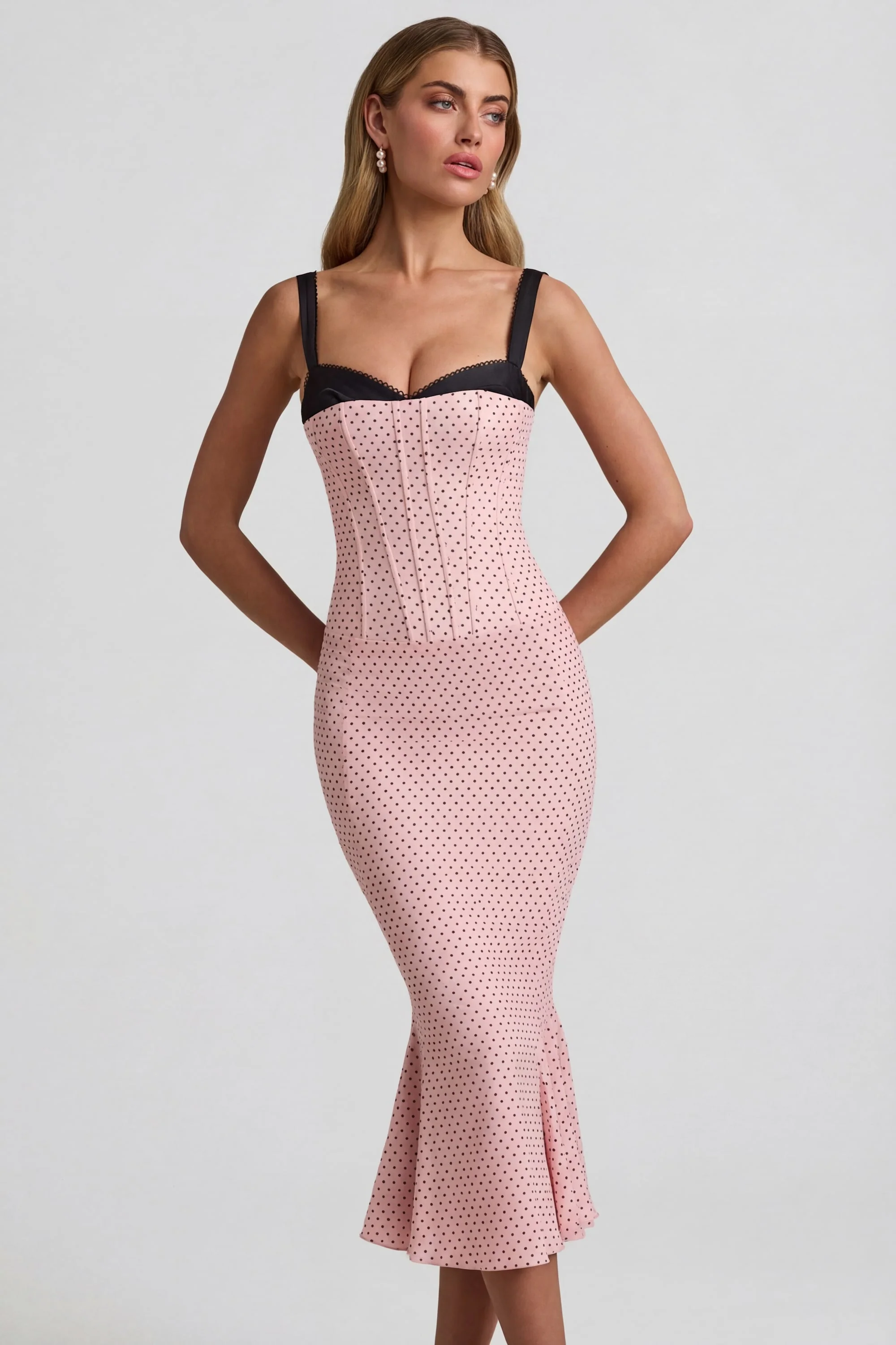 Layered Bra-Detail Fishtail Midaxi Dress in Pink Polka Dot - Image 6