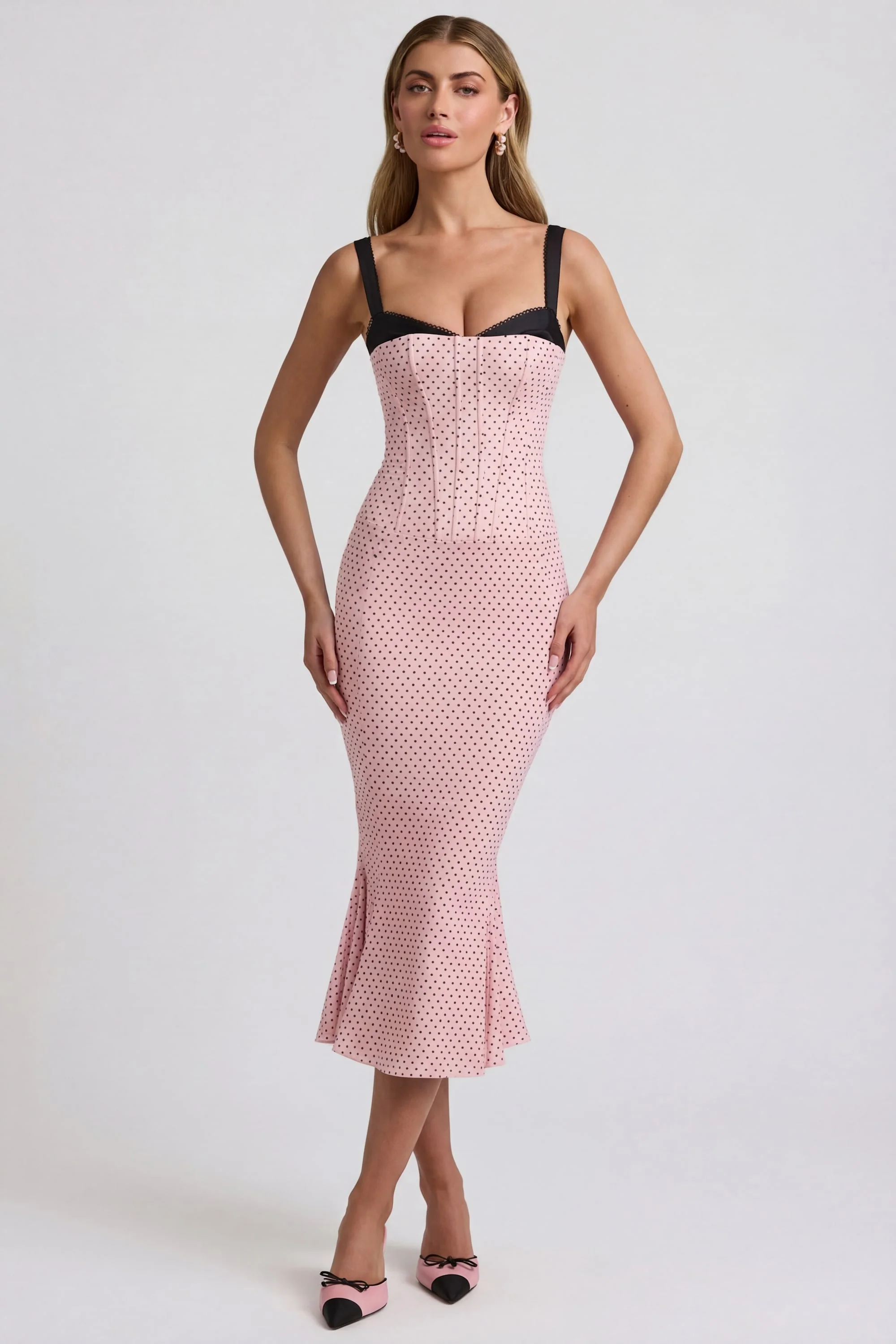 Layered Bra-Detail Fishtail Midaxi Dress in Pink Polka Dot - Image 7