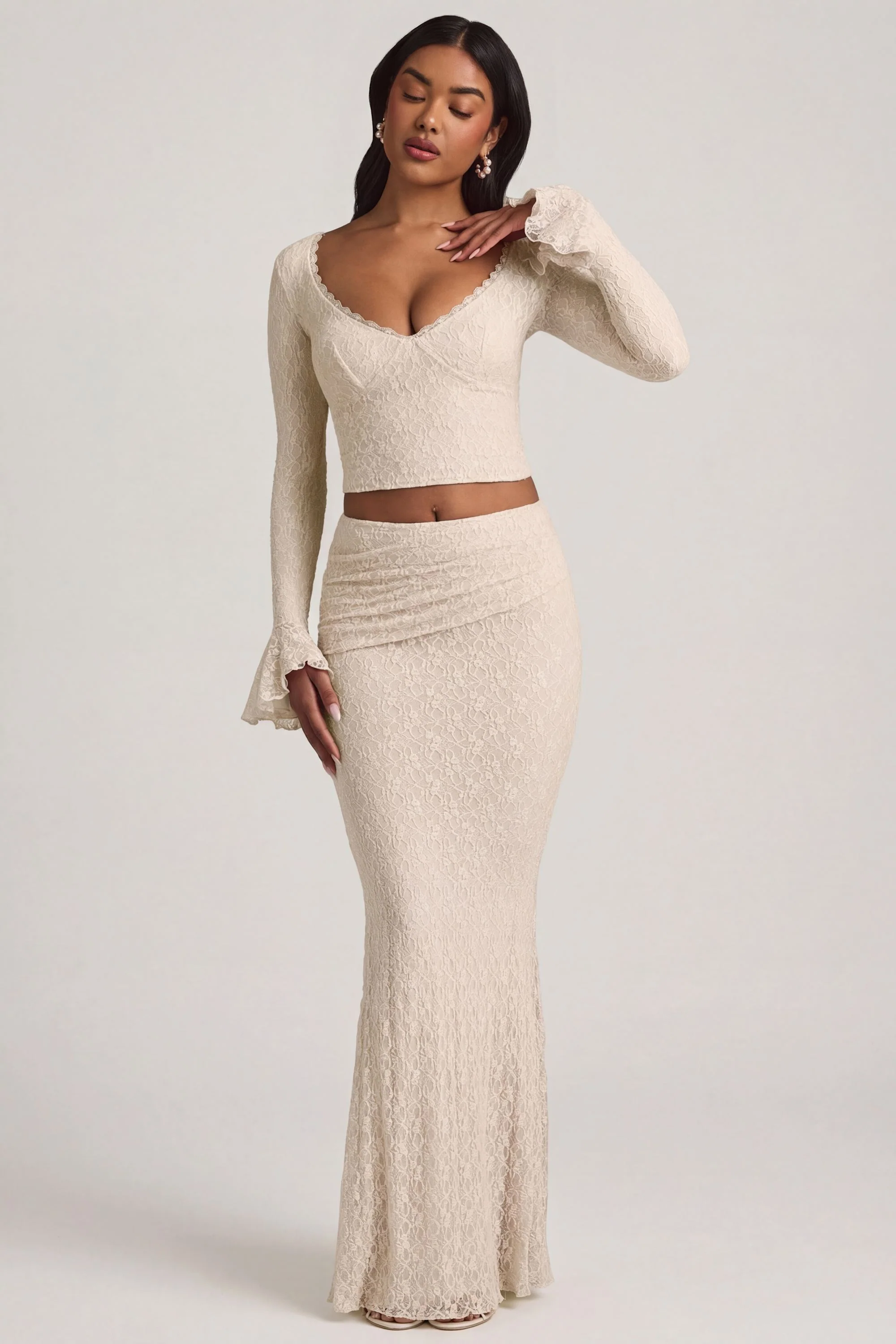 Draped Low-Rise Lace Maxi Skirt in Ivory - Image 6