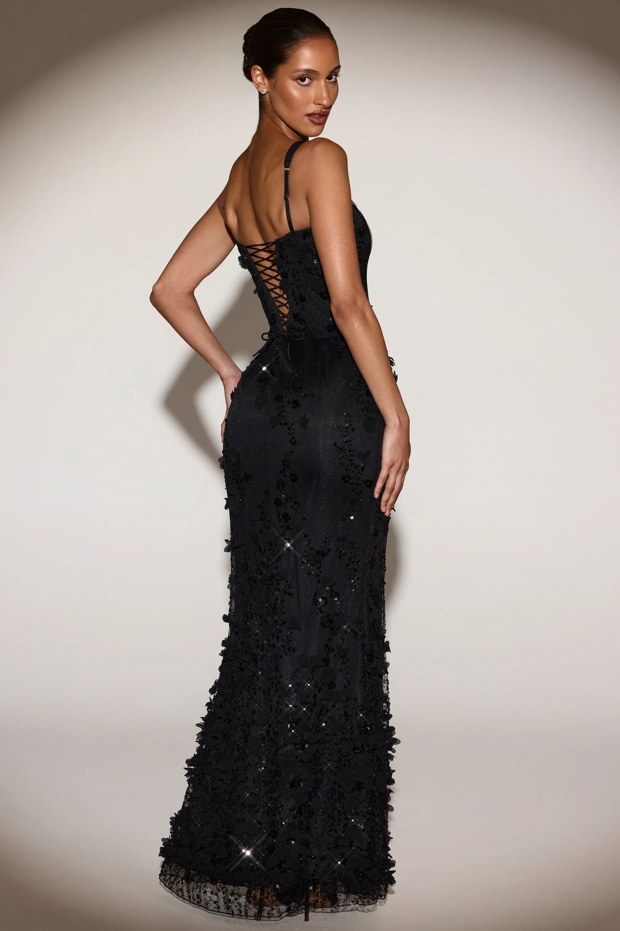 Embellished Appliqué Soft-Scoop Corset Gown in Black - Image 5