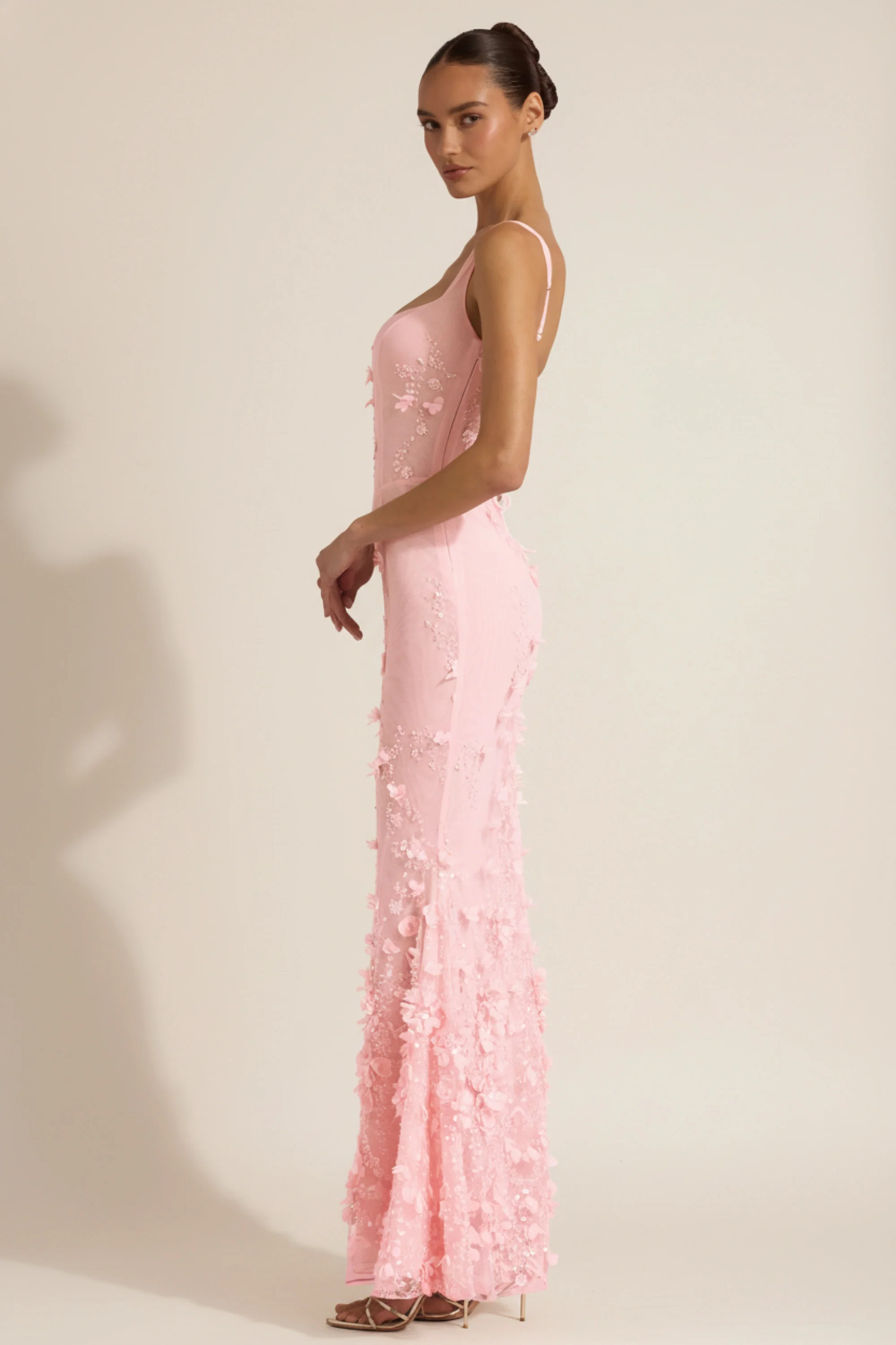 Embellished Appliqué Soft-Scoop Corset Gown in Pink - Image 3