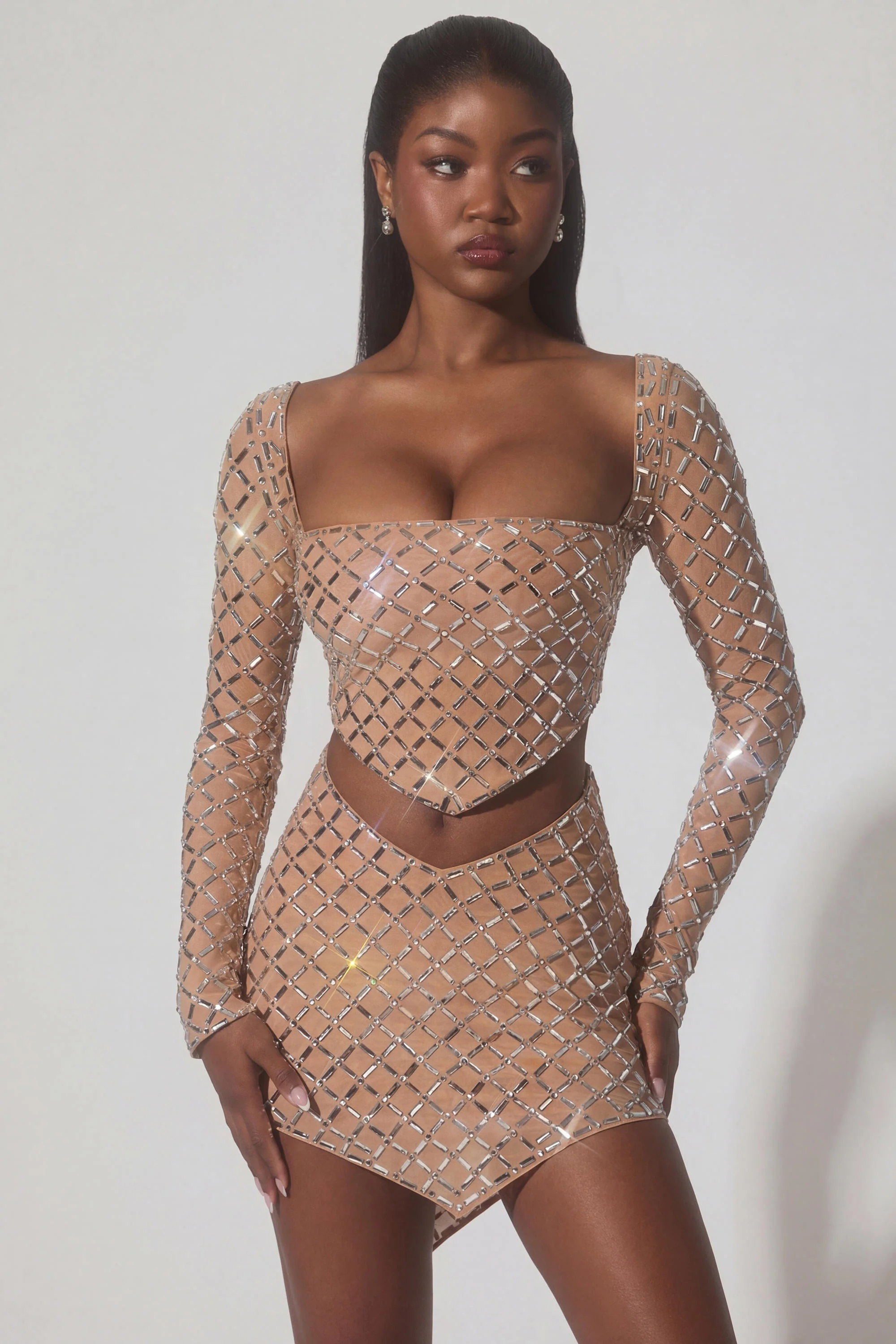 Embellished Asymmetric Mid-Rise Mini Skirt in Almond - Image 8