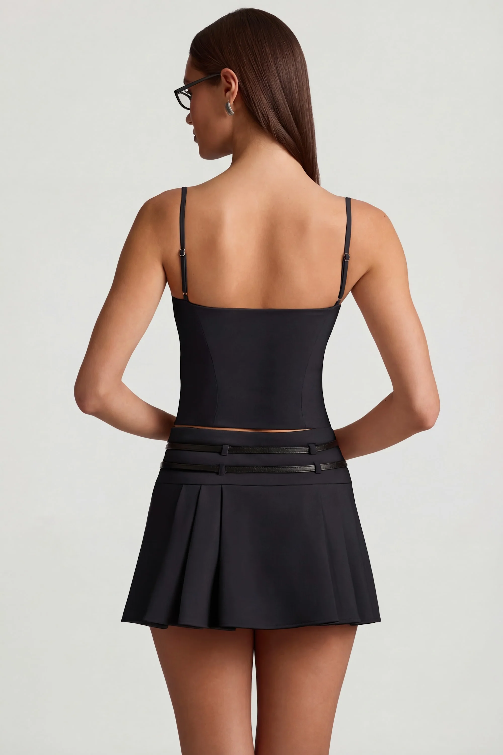 Belted Low-Rise Pleated Mini Skirt in Black - Image 2