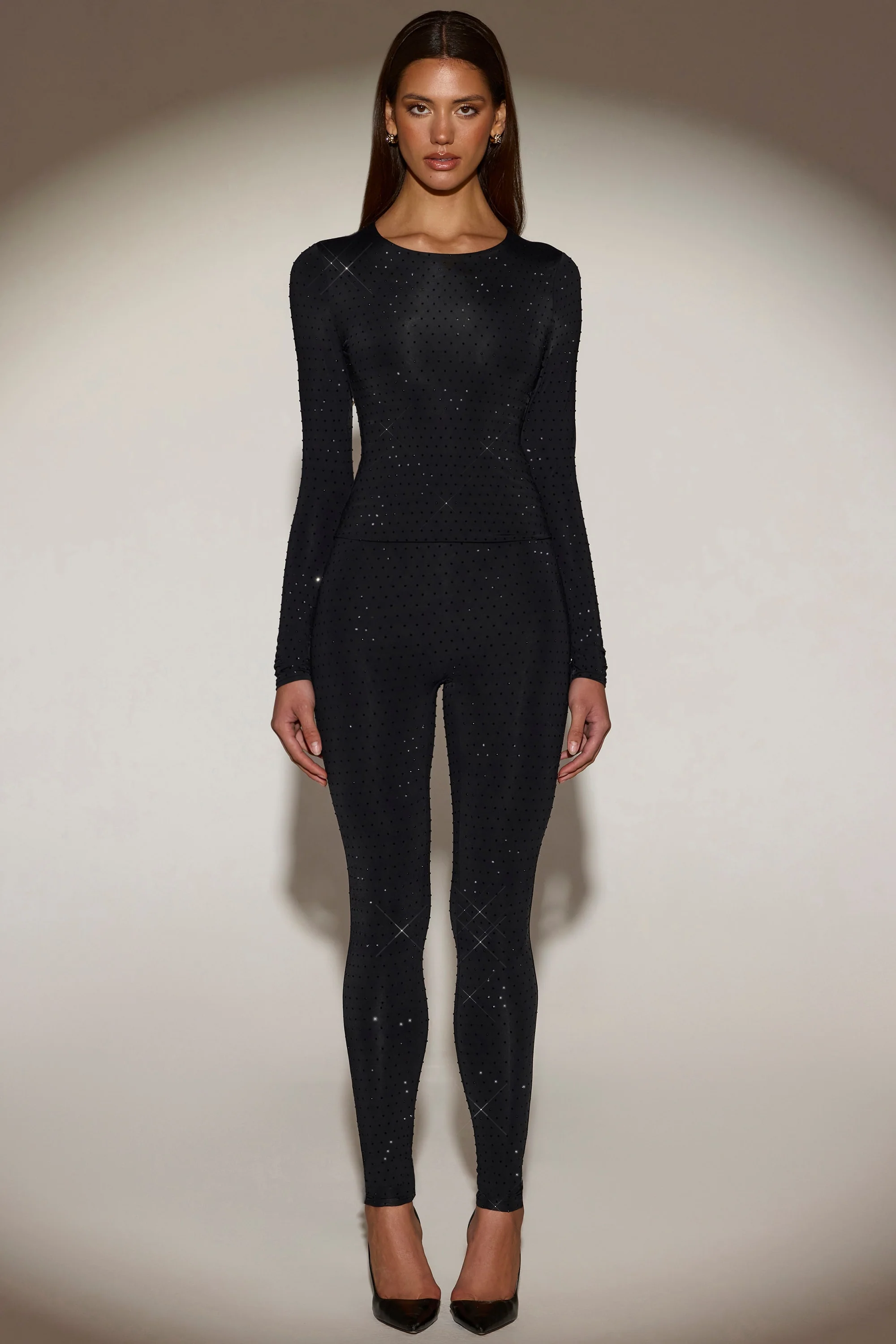 Embellished Crew-Neck Long-Sleeve Top in Black - Image 8
