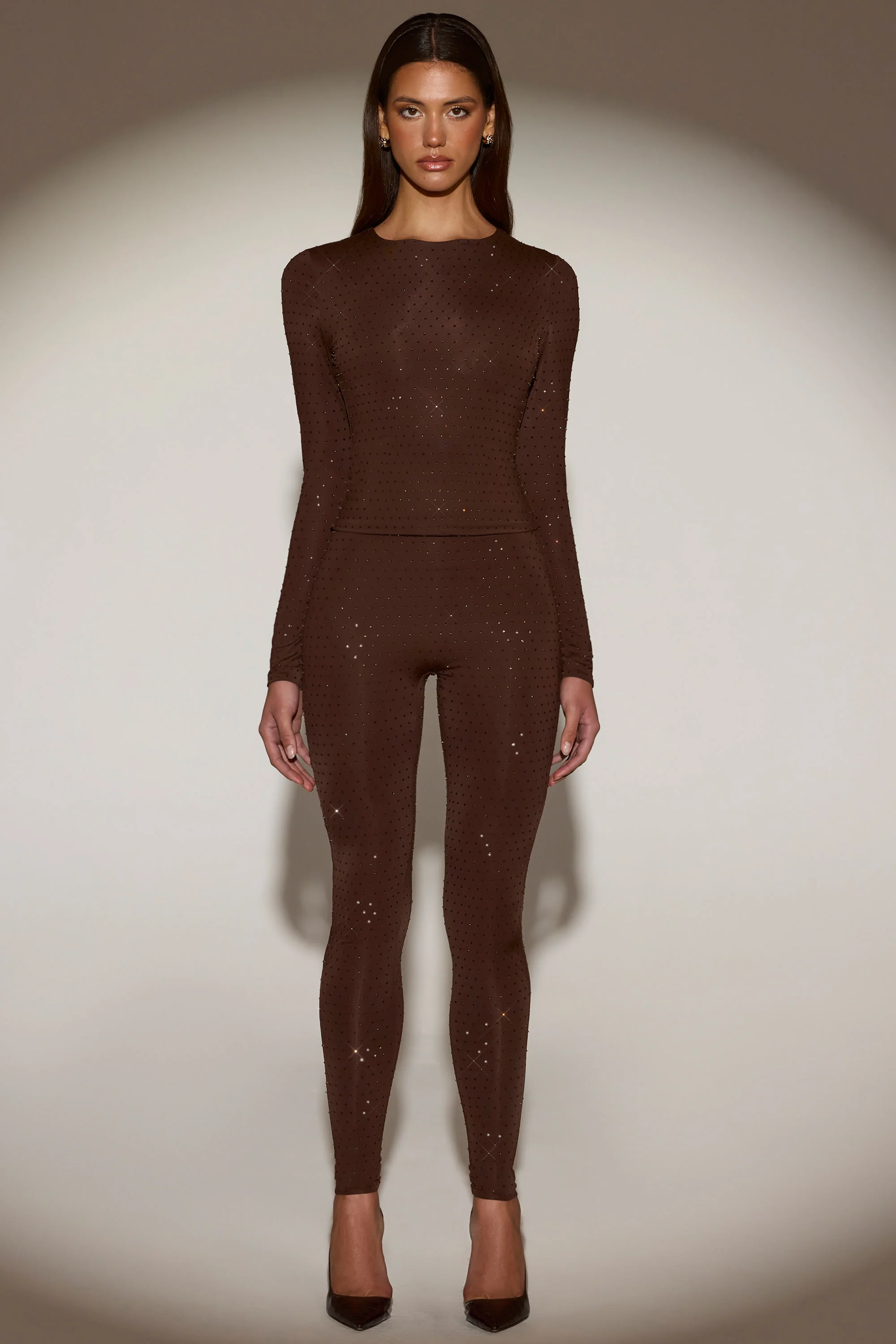 Embellished Crew-Neck Long-Sleeve Top in Chocolate Brown - Image 5